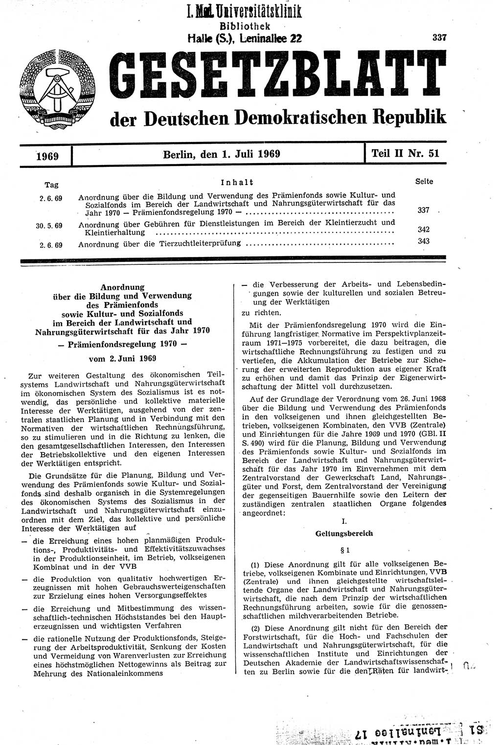 Gesetzblatt (GBl.) der Deutschen Demokratischen Republik (DDR) Teil ⅠⅠ 1969, Seite 337 (GBl. DDR ⅠⅠ 1969, S. 337)