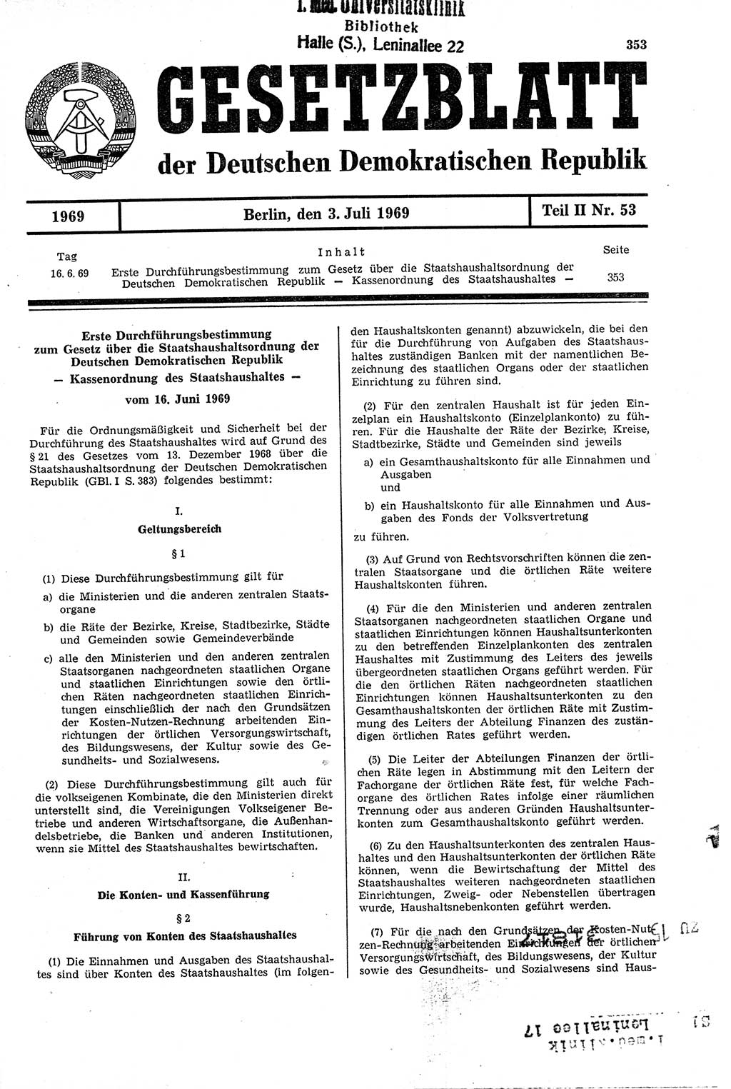 Gesetzblatt (GBl.) der Deutschen Demokratischen Republik (DDR) Teil ⅠⅠ 1969, Seite 353 (GBl. DDR ⅠⅠ 1969, S. 353)