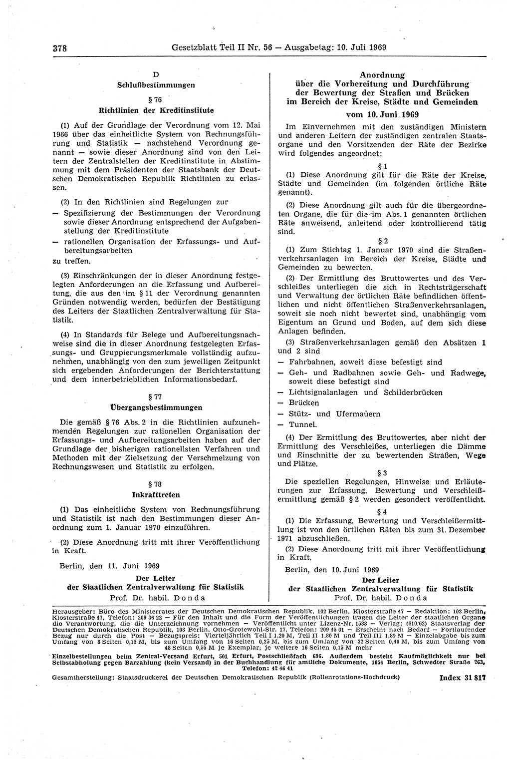 Gesetzblatt (GBl.) der Deutschen Demokratischen Republik (DDR) Teil ⅠⅠ 1969, Seite 378 (GBl. DDR ⅠⅠ 1969, S. 378)