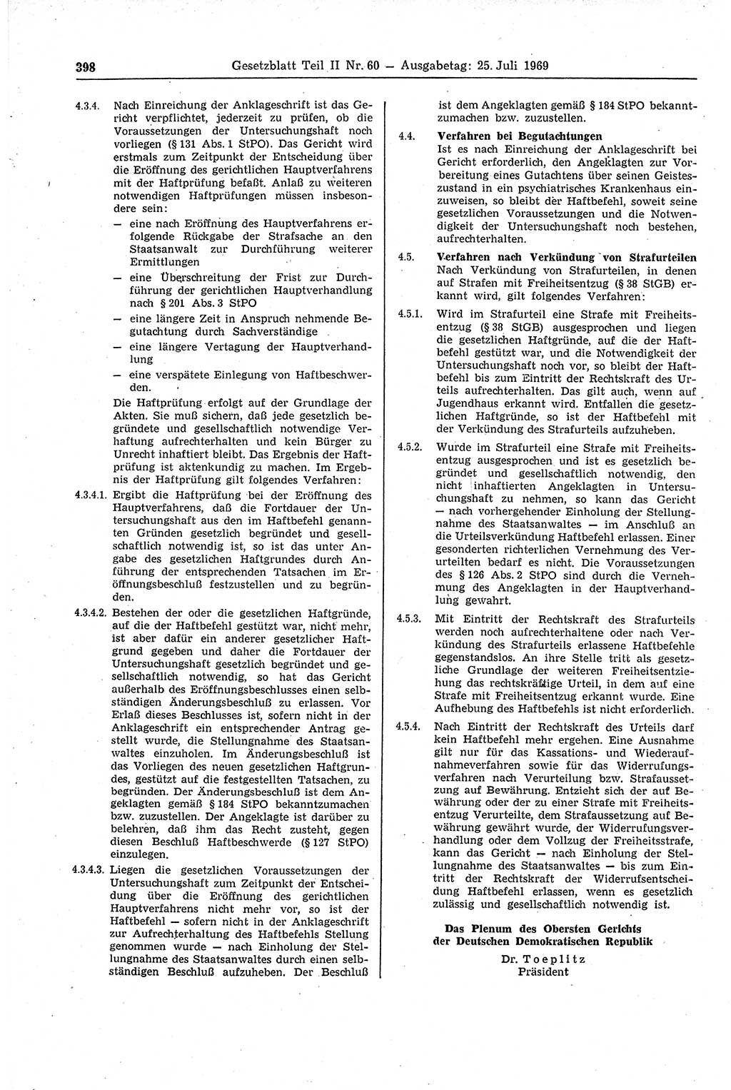 Gesetzblatt (GBl.) der Deutschen Demokratischen Republik (DDR) Teil ⅠⅠ 1969, Seite 398 (GBl. DDR ⅠⅠ 1969, S. 398)