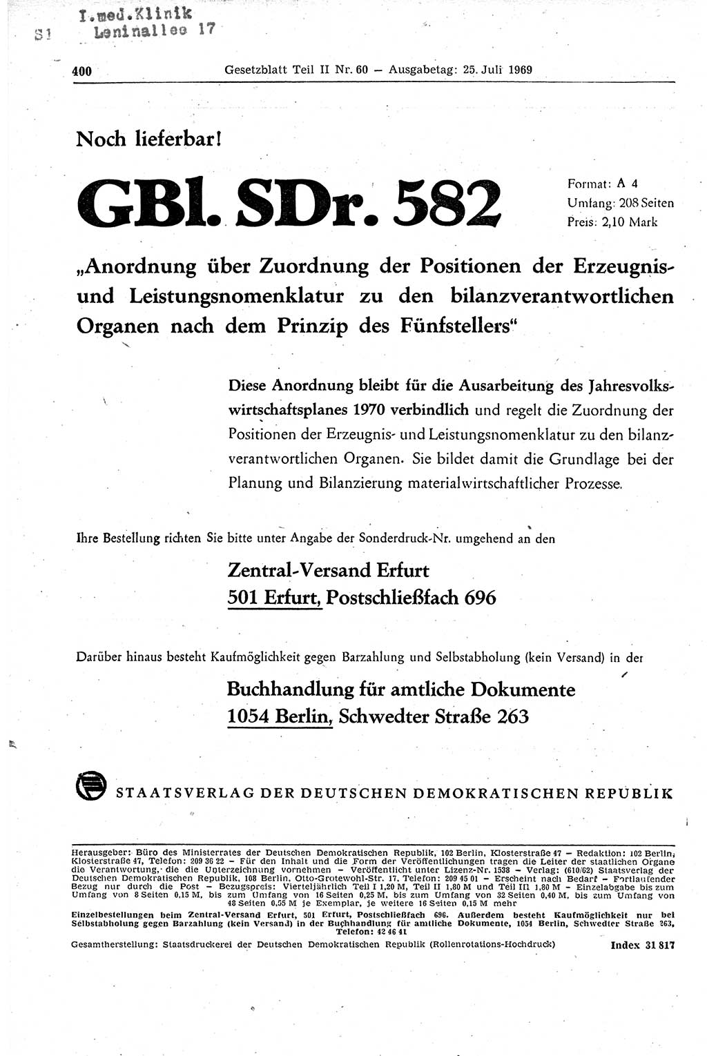 Gesetzblatt (GBl.) der Deutschen Demokratischen Republik (DDR) Teil ⅠⅠ 1969, Seite 400 (GBl. DDR ⅠⅠ 1969, S. 400)