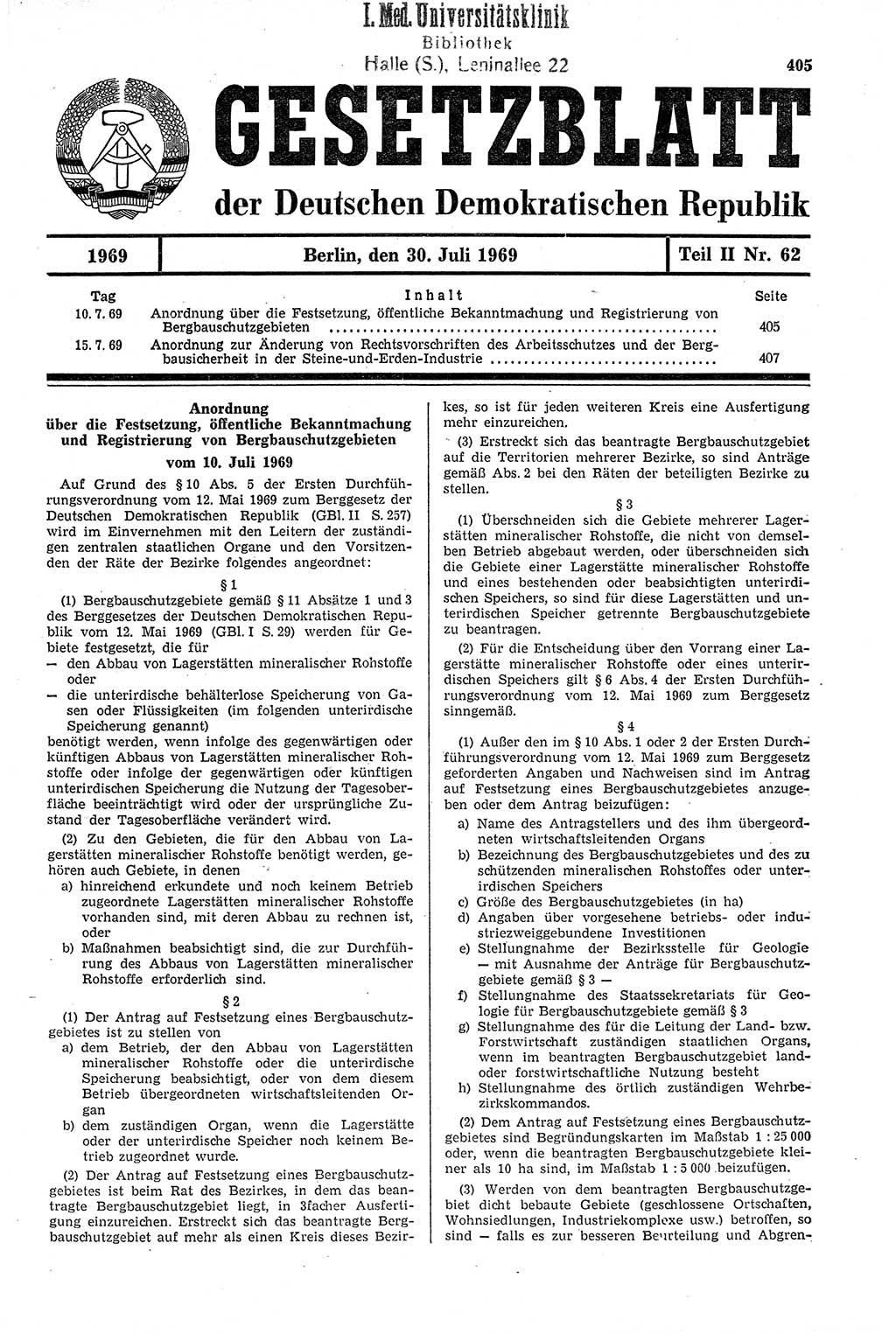 Gesetzblatt (GBl.) der Deutschen Demokratischen Republik (DDR) Teil ⅠⅠ 1969, Seite 405 (GBl. DDR ⅠⅠ 1969, S. 405)