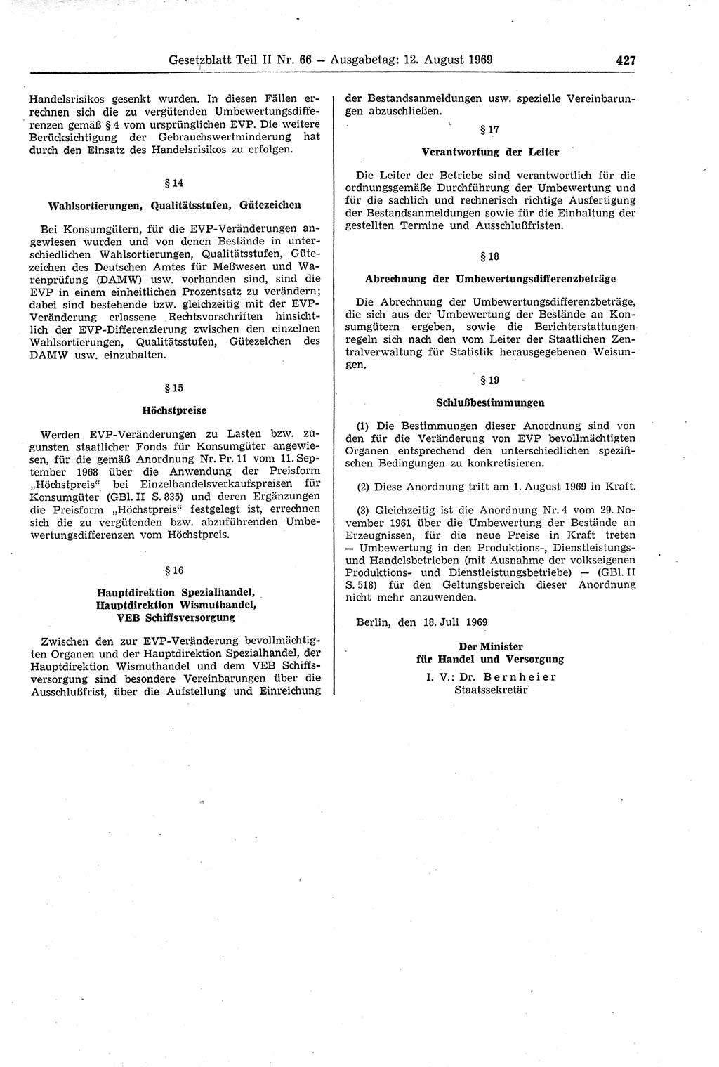 Gesetzblatt (GBl.) der Deutschen Demokratischen Republik (DDR) Teil ⅠⅠ 1969, Seite 427 (GBl. DDR ⅠⅠ 1969, S. 427)