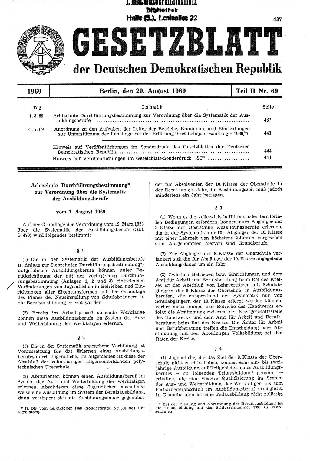 Gesetzblatt (GBl.) der Deutschen Demokratischen Republik (DDR) Teil ⅠⅠ 1969, Seite 437 (GBl. DDR ⅠⅠ 1969, S. 437)