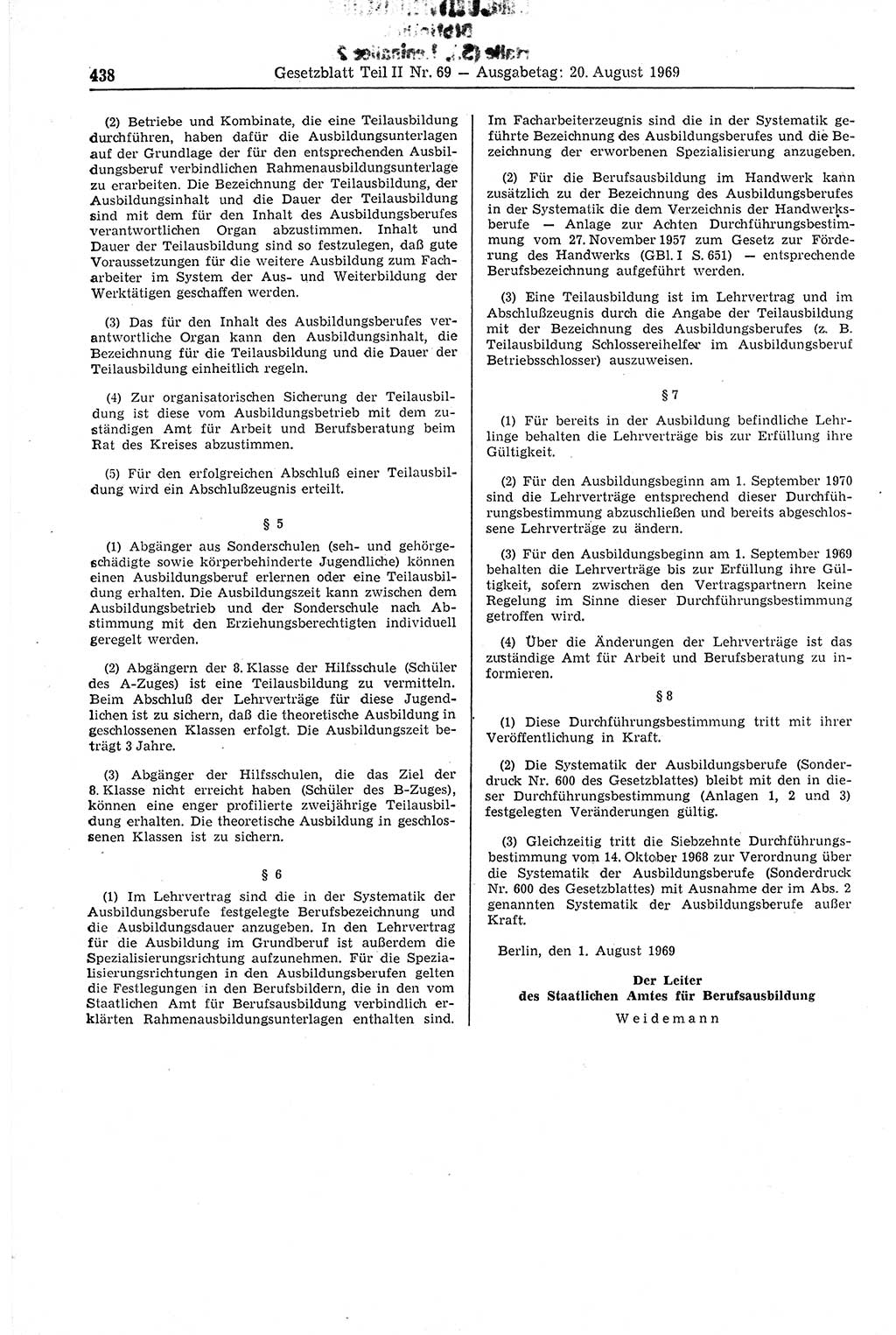 Gesetzblatt (GBl.) der Deutschen Demokratischen Republik (DDR) Teil ⅠⅠ 1969, Seite 438 (GBl. DDR ⅠⅠ 1969, S. 438)