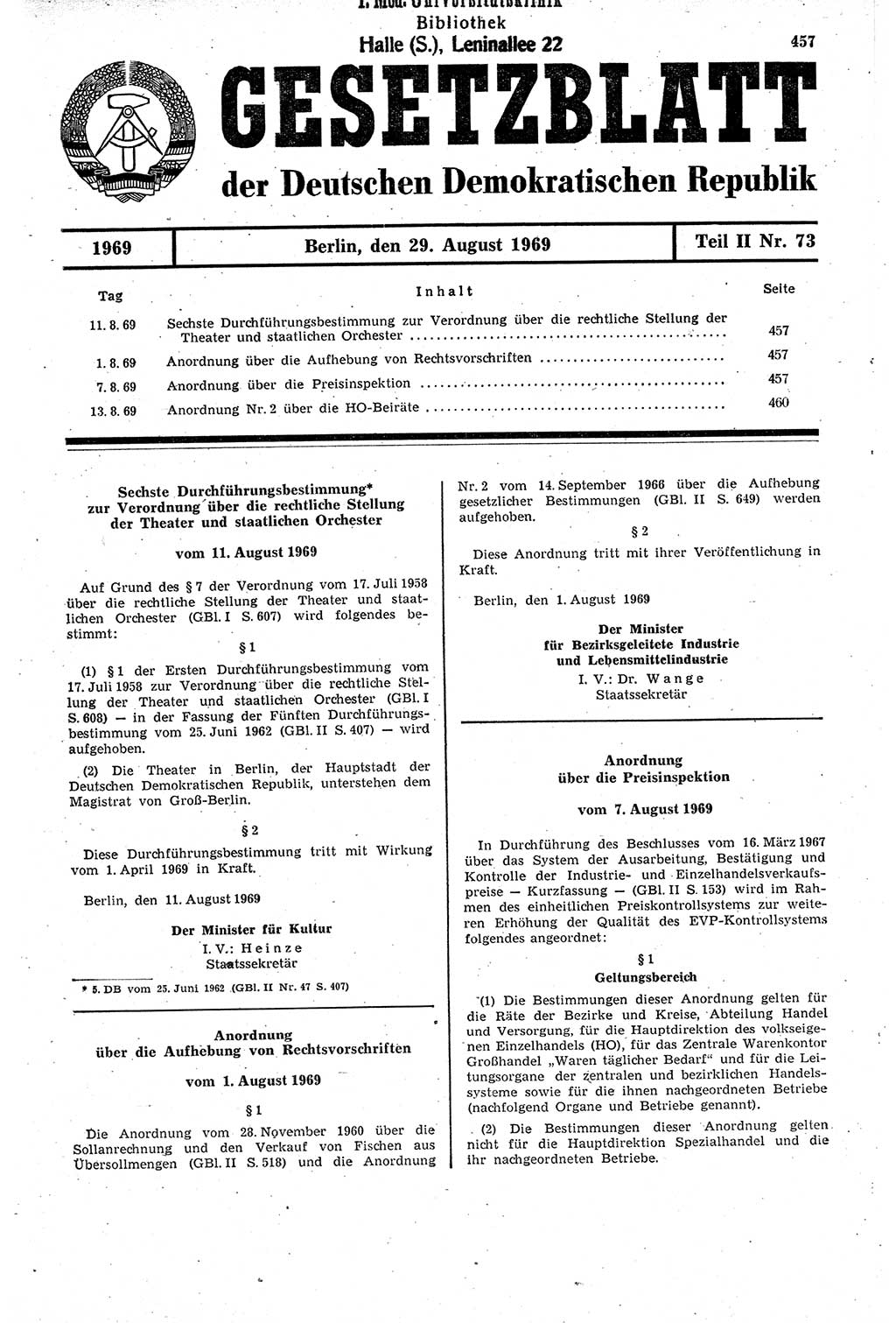 Gesetzblatt (GBl.) der Deutschen Demokratischen Republik (DDR) Teil ⅠⅠ 1969, Seite 457 (GBl. DDR ⅠⅠ 1969, S. 457)