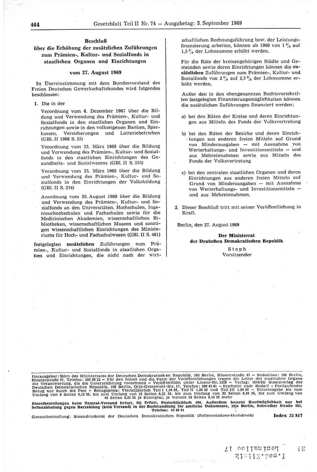 Gesetzblatt (GBl.) der Deutschen Demokratischen Republik (DDR) Teil ⅠⅠ 1969, Seite 464 (GBl. DDR ⅠⅠ 1969, S. 464)