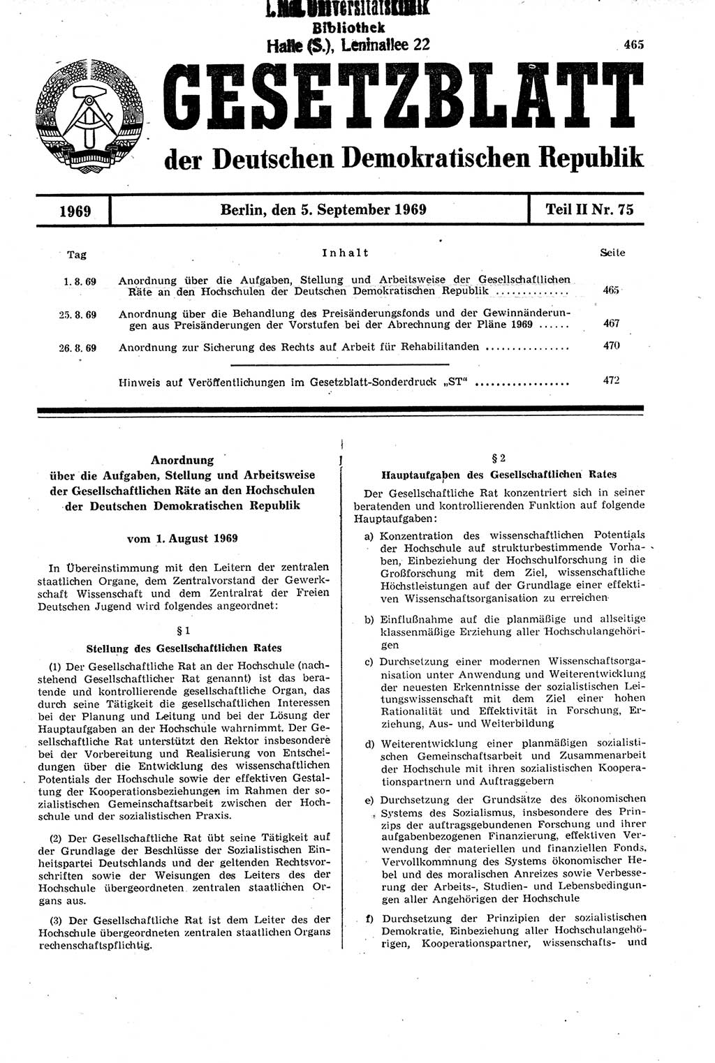Gesetzblatt (GBl.) der Deutschen Demokratischen Republik (DDR) Teil ⅠⅠ 1969, Seite 465 (GBl. DDR ⅠⅠ 1969, S. 465)