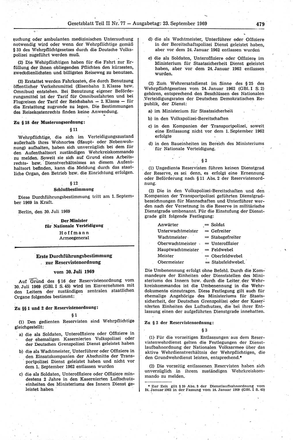 Gesetzblatt (GBl.) der Deutschen Demokratischen Republik (DDR) Teil ⅠⅠ 1969, Seite 479 (GBl. DDR ⅠⅠ 1969, S. 479)