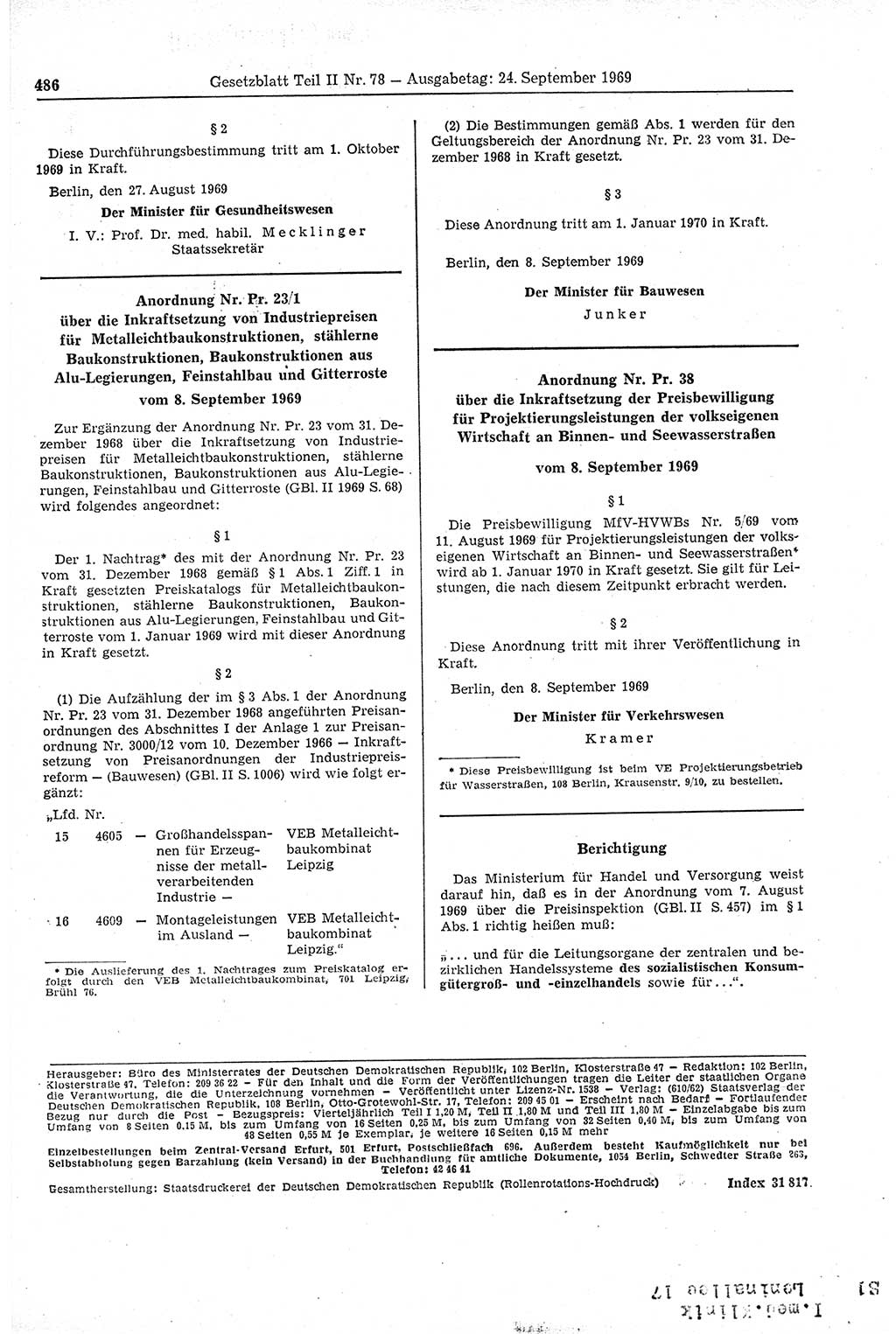 Gesetzblatt (GBl.) der Deutschen Demokratischen Republik (DDR) Teil ⅠⅠ 1969, Seite 486 (GBl. DDR ⅠⅠ 1969, S. 486)