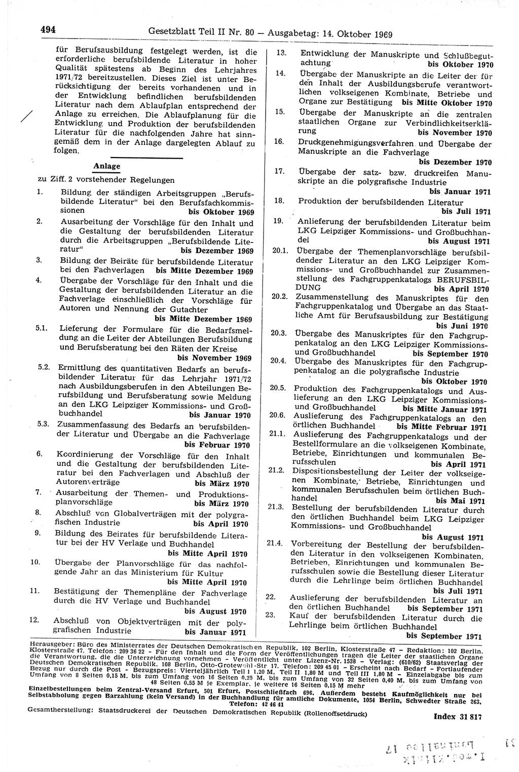 Gesetzblatt (GBl.) der Deutschen Demokratischen Republik (DDR) Teil ⅠⅠ 1969, Seite 494 (GBl. DDR ⅠⅠ 1969, S. 494)