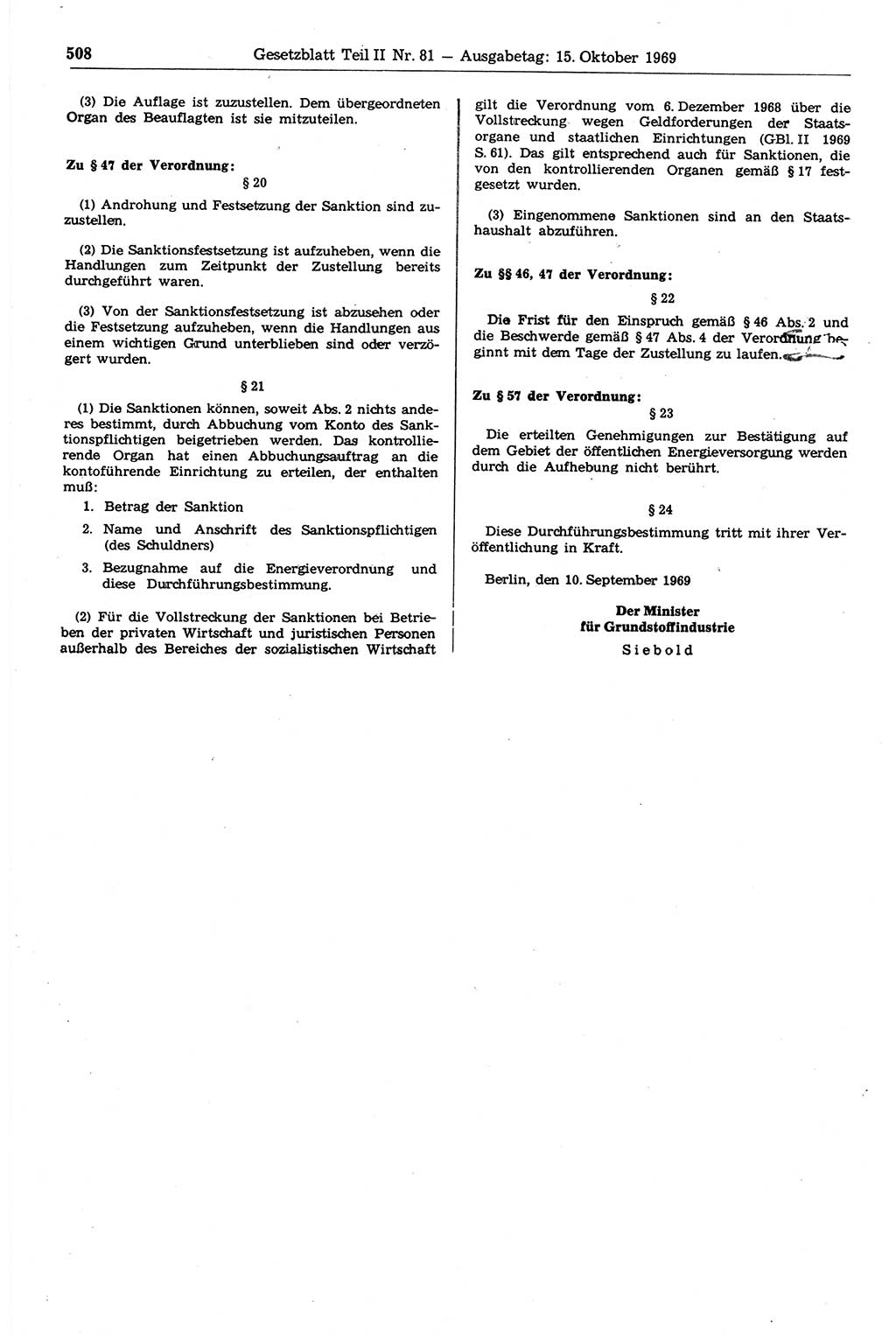 Gesetzblatt (GBl.) der Deutschen Demokratischen Republik (DDR) Teil ⅠⅠ 1969, Seite 508 (GBl. DDR ⅠⅠ 1969, S. 508)