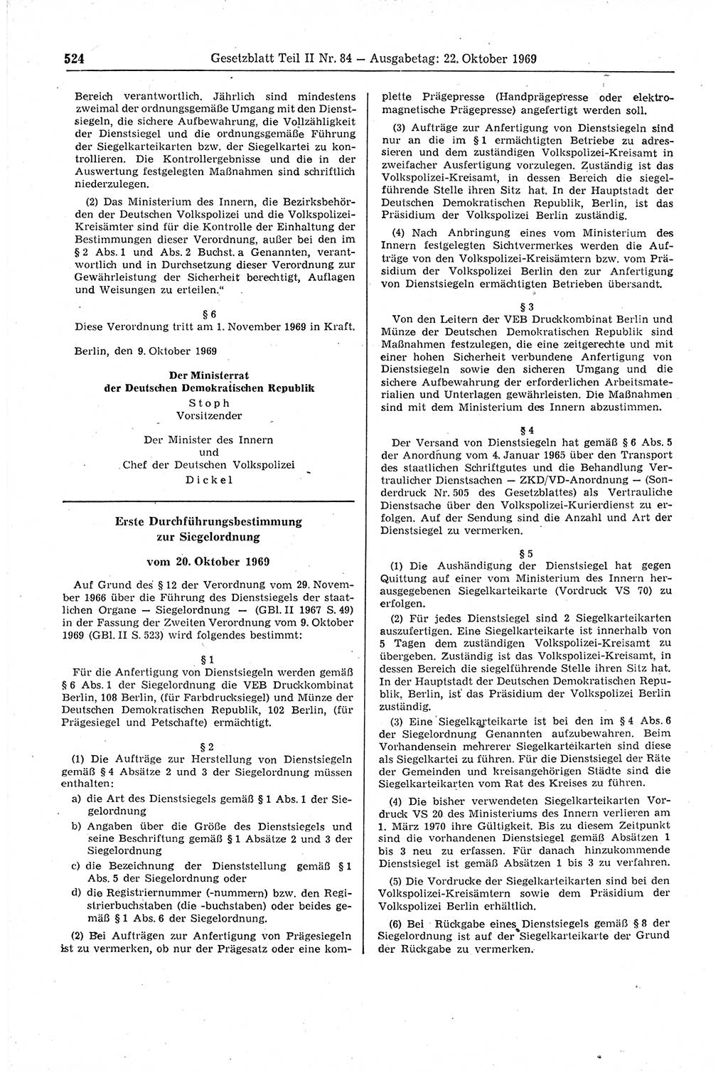 Gesetzblatt (GBl.) der Deutschen Demokratischen Republik (DDR) Teil ⅠⅠ 1969, Seite 524 (GBl. DDR ⅠⅠ 1969, S. 524)