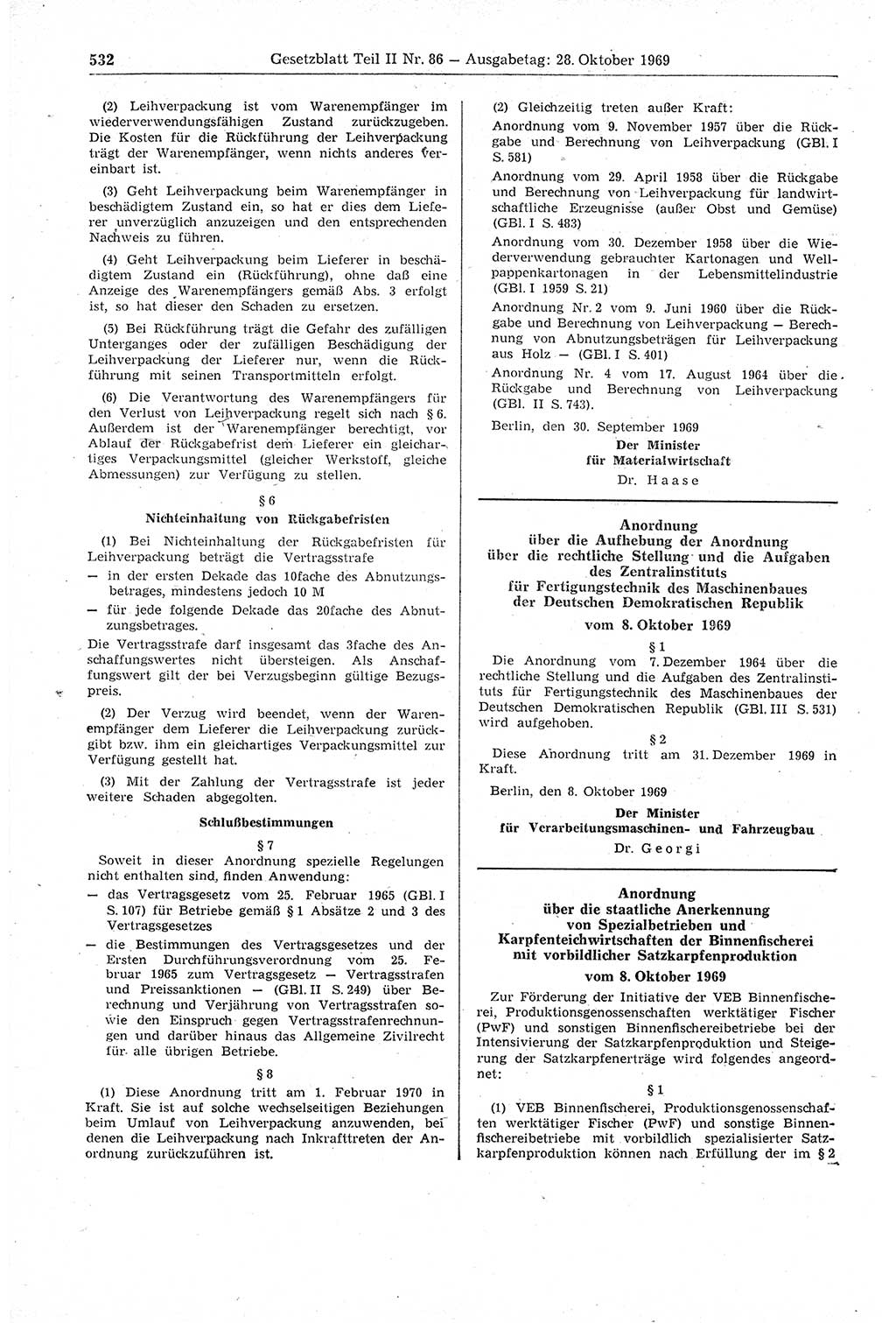 Gesetzblatt (GBl.) der Deutschen Demokratischen Republik (DDR) Teil ⅠⅠ 1969, Seite 532 (GBl. DDR ⅠⅠ 1969, S. 532)