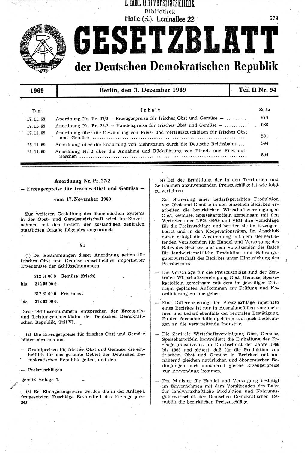 Gesetzblatt (GBl.) der Deutschen Demokratischen Republik (DDR) Teil ⅠⅠ 1969, Seite 579 (GBl. DDR ⅠⅠ 1969, S. 579)