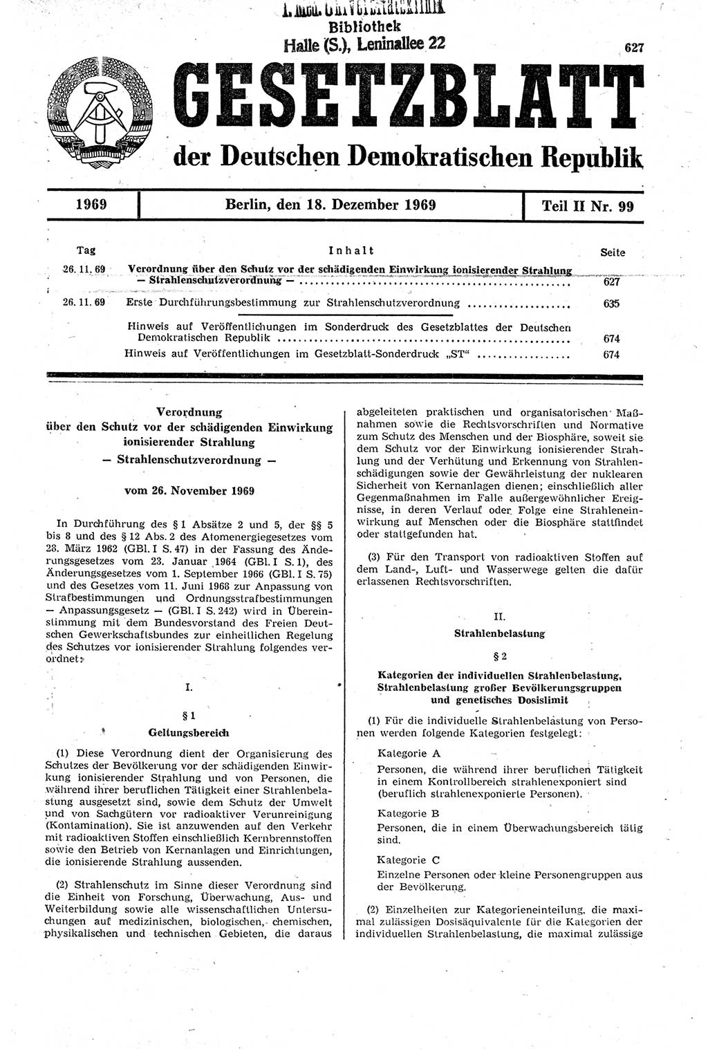 Gesetzblatt (GBl.) der Deutschen Demokratischen Republik (DDR) Teil ⅠⅠ 1969, Seite 627 (GBl. DDR ⅠⅠ 1969, S. 627)