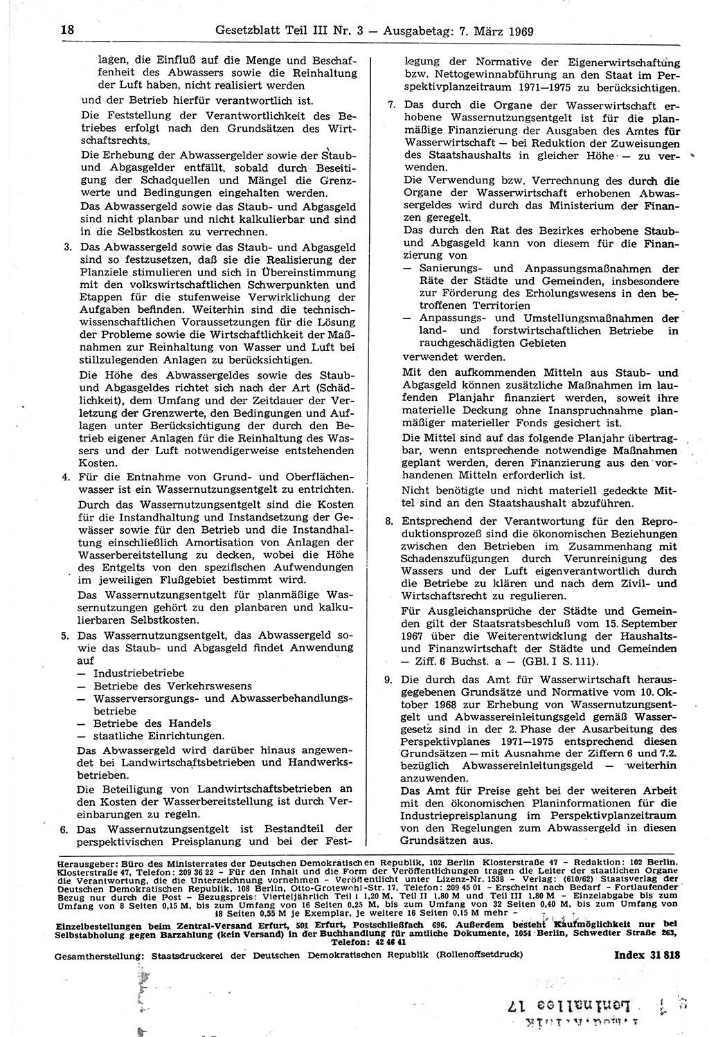 Gesetzblatt (GBl.) der Deutschen Demokratischen Republik (DDR) Teil ⅠⅠⅠ 1969, Seite 18 (GBl. DDR ⅠⅠⅠ 1969, S. 18)