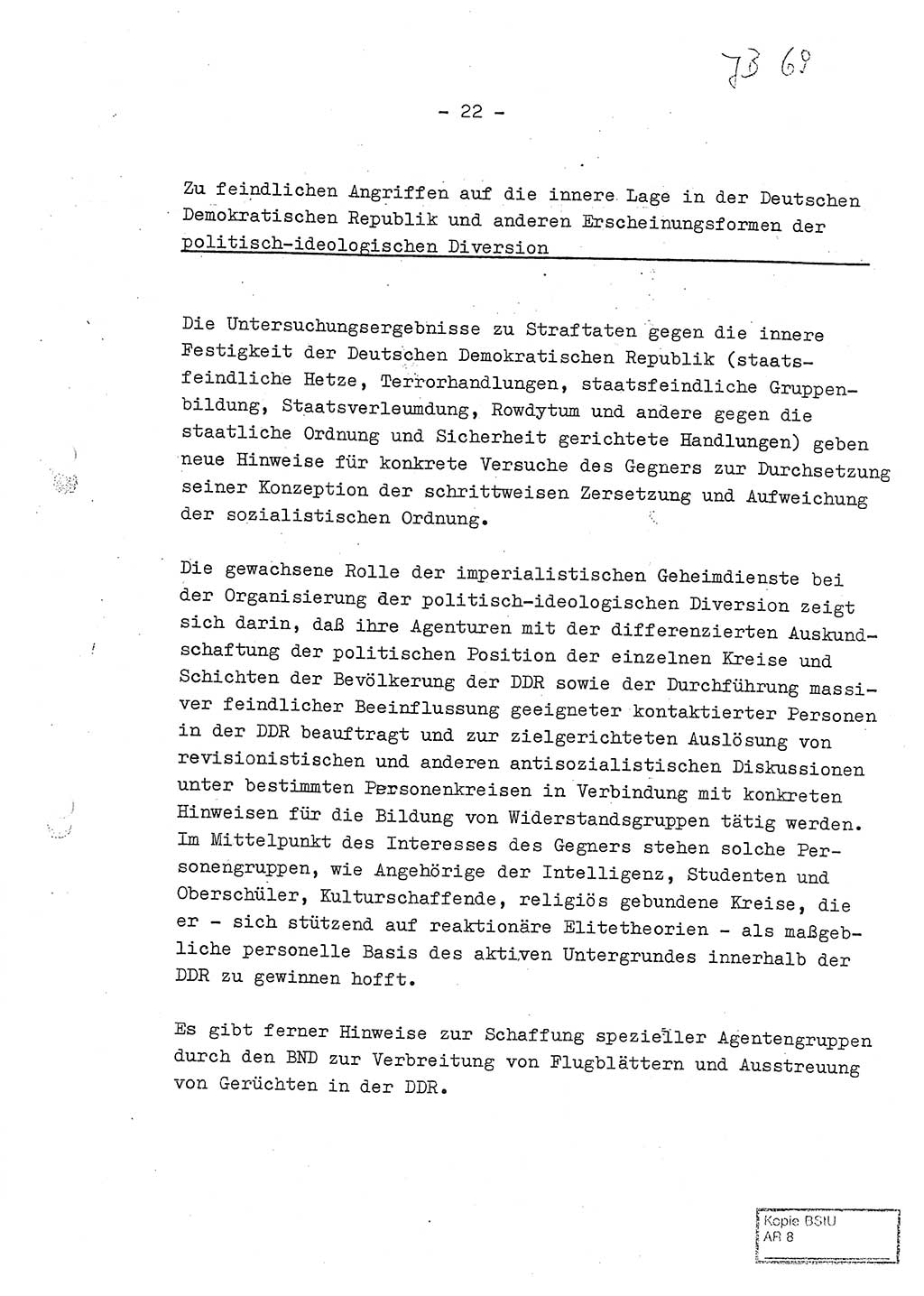 Jahresbericht der Hauptabteilung (HA) Ⅸ 1969 des Ministeriums für Staatssicherheit (MfS) der Deutschen Demokratischen Republik (DDR), Berlin 1970, Seite 22 (J.-Ber. MfS DDR HA Ⅸ /69 1970, S. 22)