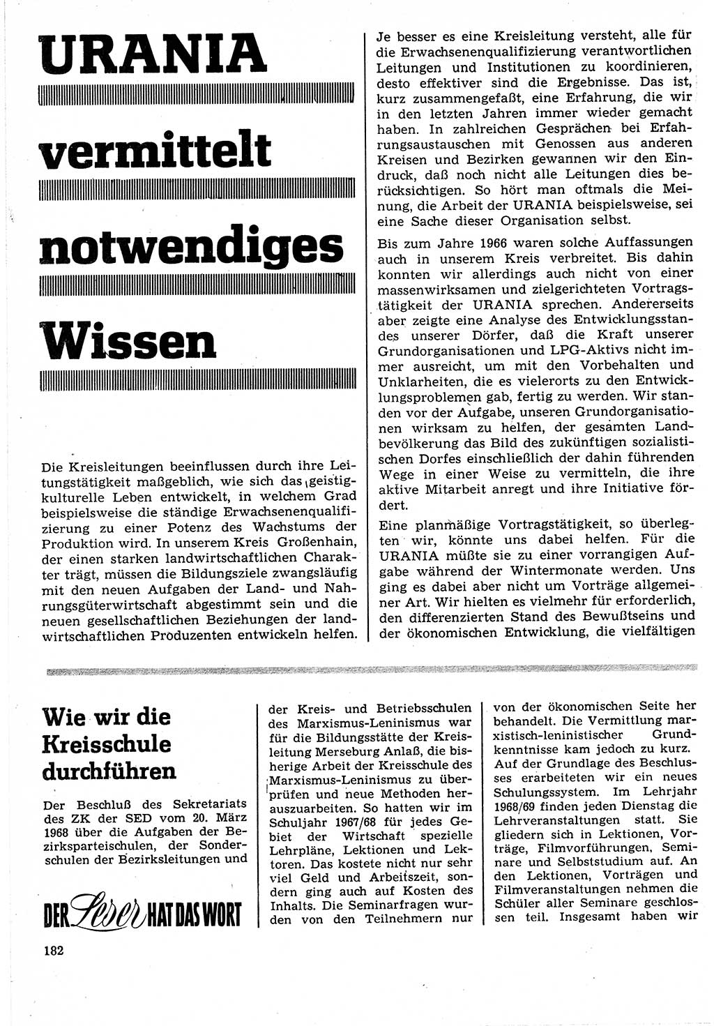 Neuer Weg (NW), Organ des Zentralkomitees (ZK) der SED (Sozialistische Einheitspartei Deutschlands) für Fragen des Parteilebens, 24. Jahrgang [Deutsche Demokratische Republik (DDR)] 1969, Seite 182 (NW ZK SED DDR 1969, S. 182)