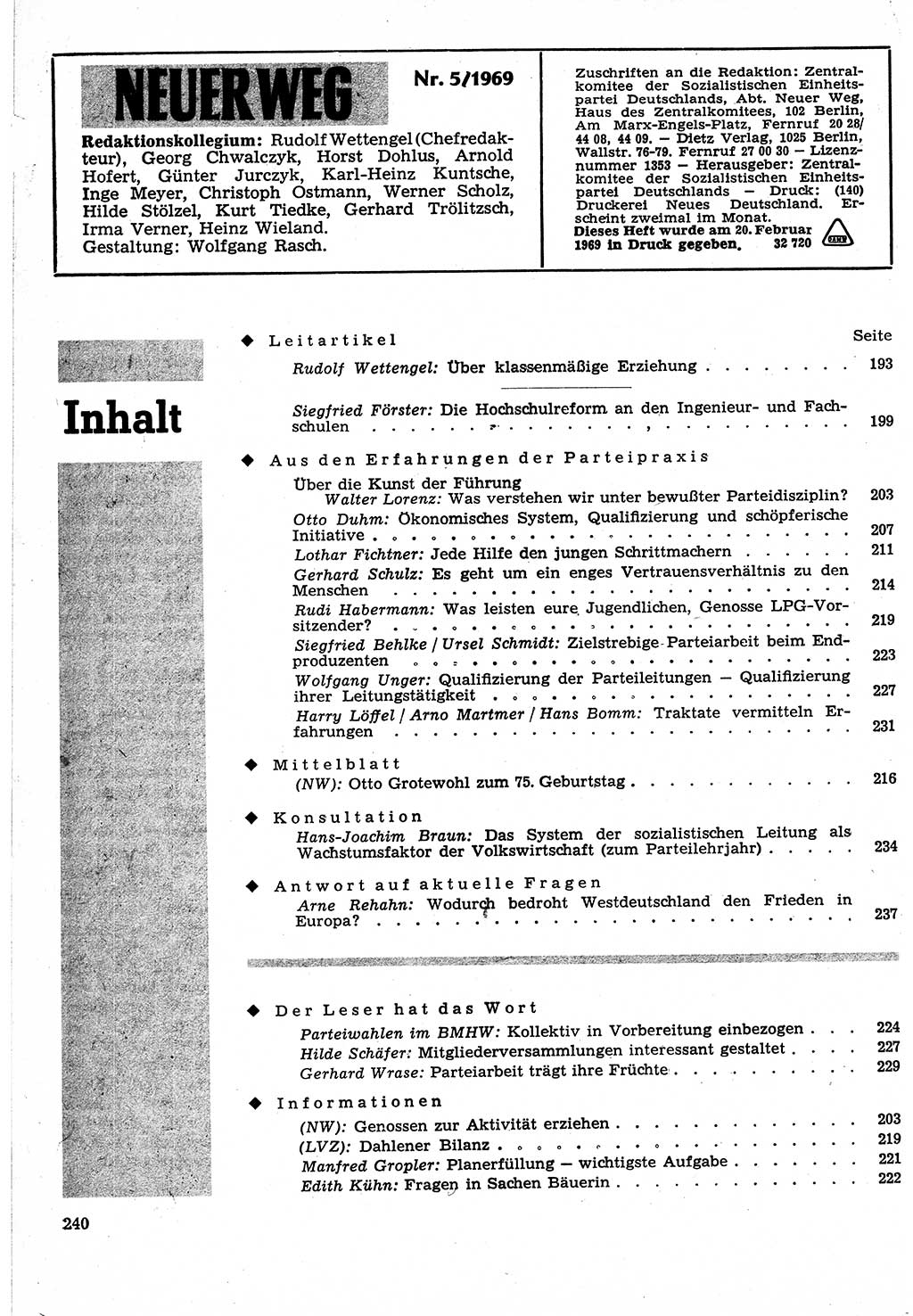 Neuer Weg (NW), Organ des Zentralkomitees (ZK) der SED (Sozialistische Einheitspartei Deutschlands) für Fragen des Parteilebens, 24. Jahrgang [Deutsche Demokratische Republik (DDR)] 1969, Seite 240 (NW ZK SED DDR 1969, S. 240)