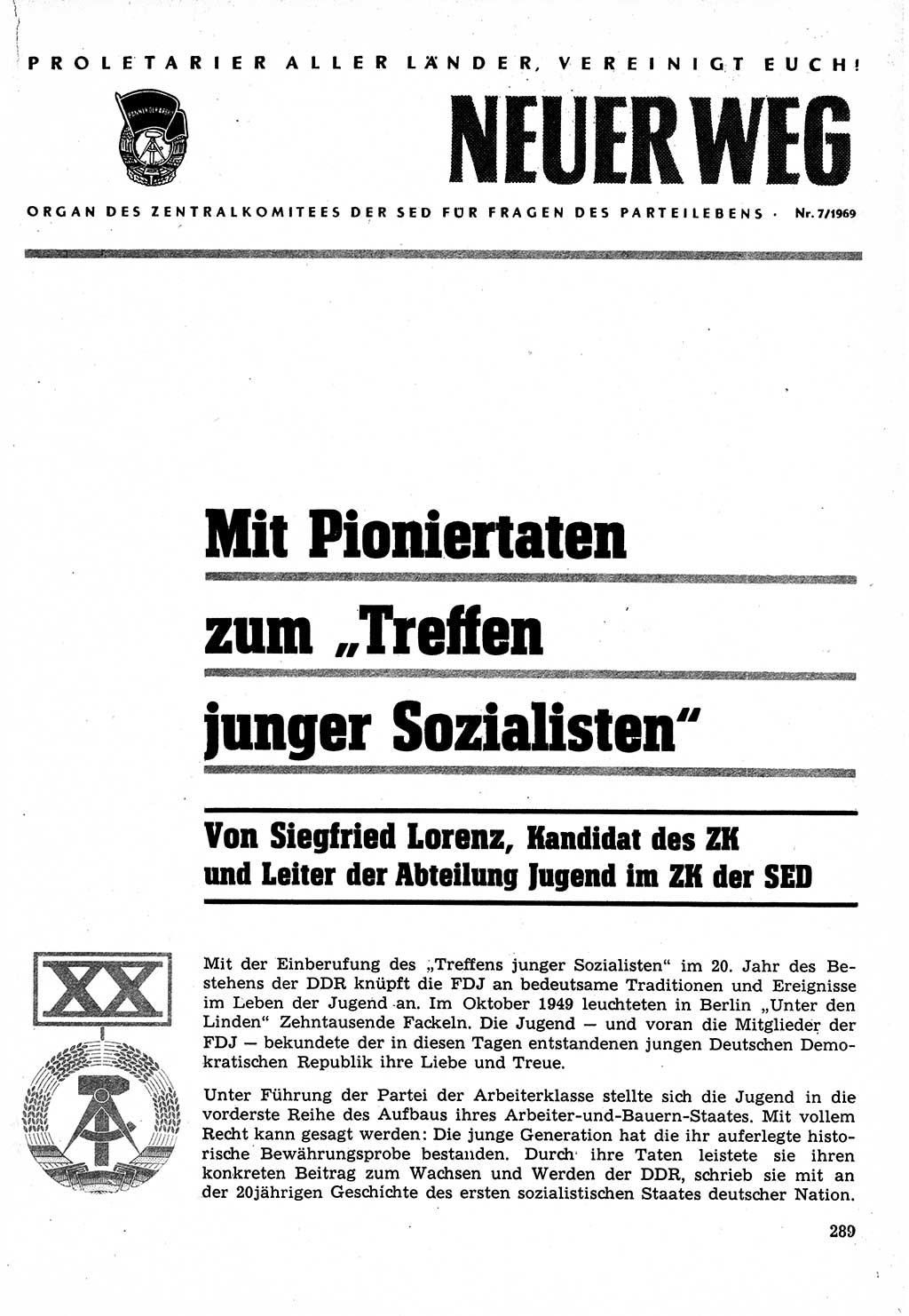 Neuer Weg (NW), Organ des Zentralkomitees (ZK) der SED (Sozialistische Einheitspartei Deutschlands) für Fragen des Parteilebens, 24. Jahrgang [Deutsche Demokratische Republik (DDR)] 1969, Seite 289 (NW ZK SED DDR 1969, S. 289)