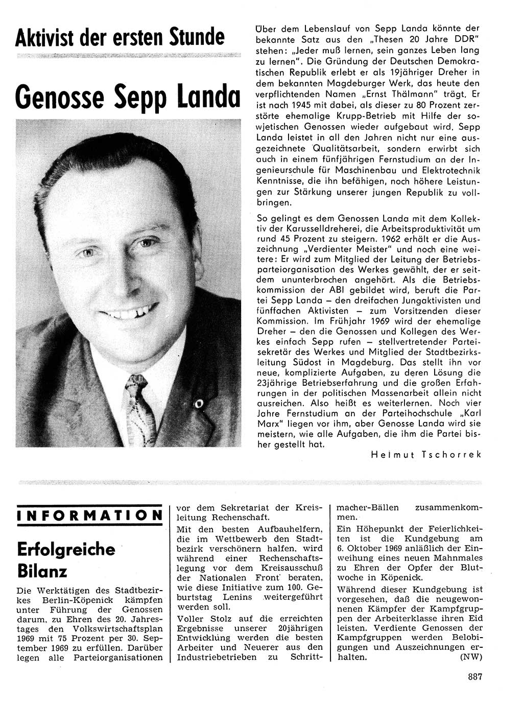 Neuer Weg (NW), Organ des Zentralkomitees (ZK) der SED (Sozialistische Einheitspartei Deutschlands) für Fragen des Parteilebens, 24. Jahrgang [Deutsche Demokratische Republik (DDR)] 1969, Seite 887 (NW ZK SED DDR 1969, S. 887)