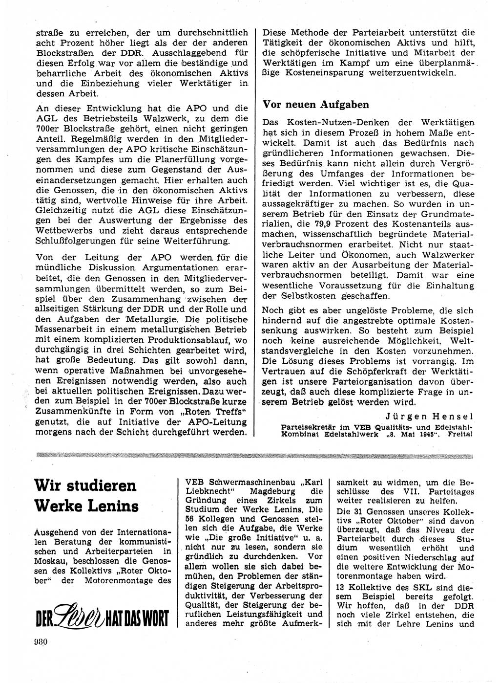 Neuer Weg (NW), Organ des Zentralkomitees (ZK) der SED (Sozialistische Einheitspartei Deutschlands) für Fragen des Parteilebens, 24. Jahrgang [Deutsche Demokratische Republik (DDR)] 1969, Seite 980 (NW ZK SED DDR 1969, S. 980)