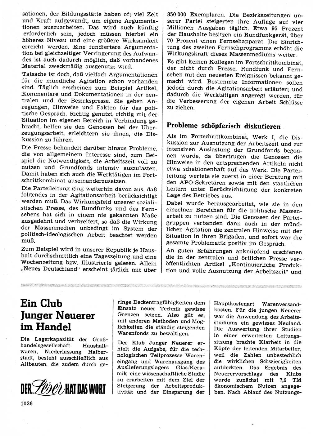 Neuer Weg (NW), Organ des Zentralkomitees (ZK) der SED (Sozialistische Einheitspartei Deutschlands) für Fragen des Parteilebens, 24. Jahrgang [Deutsche Demokratische Republik (DDR)] 1969, Seite 1036 (NW ZK SED DDR 1969, S. 1036)