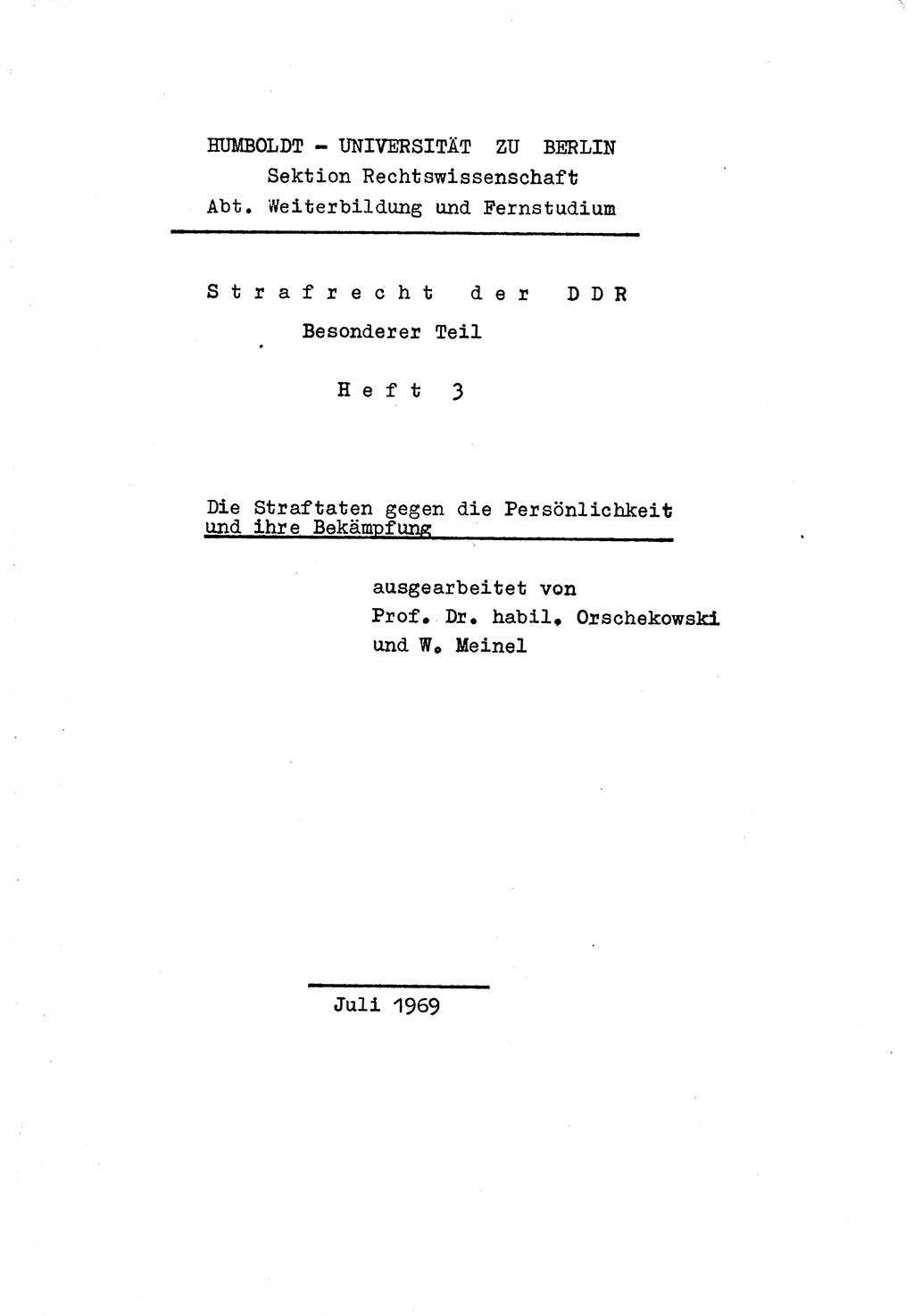 Strafrecht der DDR (Deutsche Demokratische Republik), Besonderer Teil, Lehrmaterial, Heft 3 1969, Seite 1 (Strafr. DDR BT Lehrmat. H. 3 1969, S. 1)