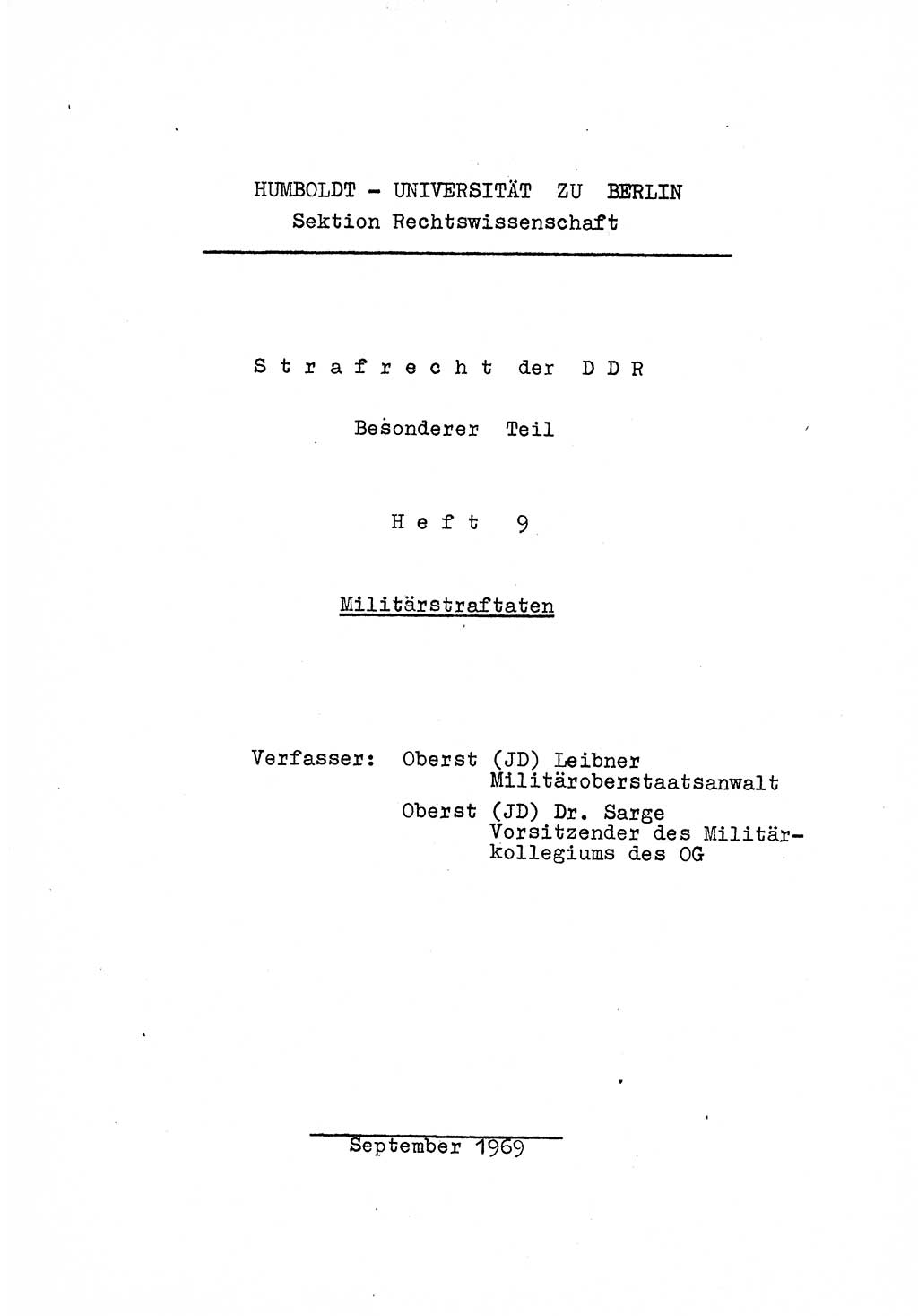 Strafrecht der DDR (Deutsche Demokratische Republik), Besonderer Teil, Lehrmaterial, Heft 9 1969, Seite 1 (Strafr. DDR BT Lehrmat. H. 9 1969, S. 1)