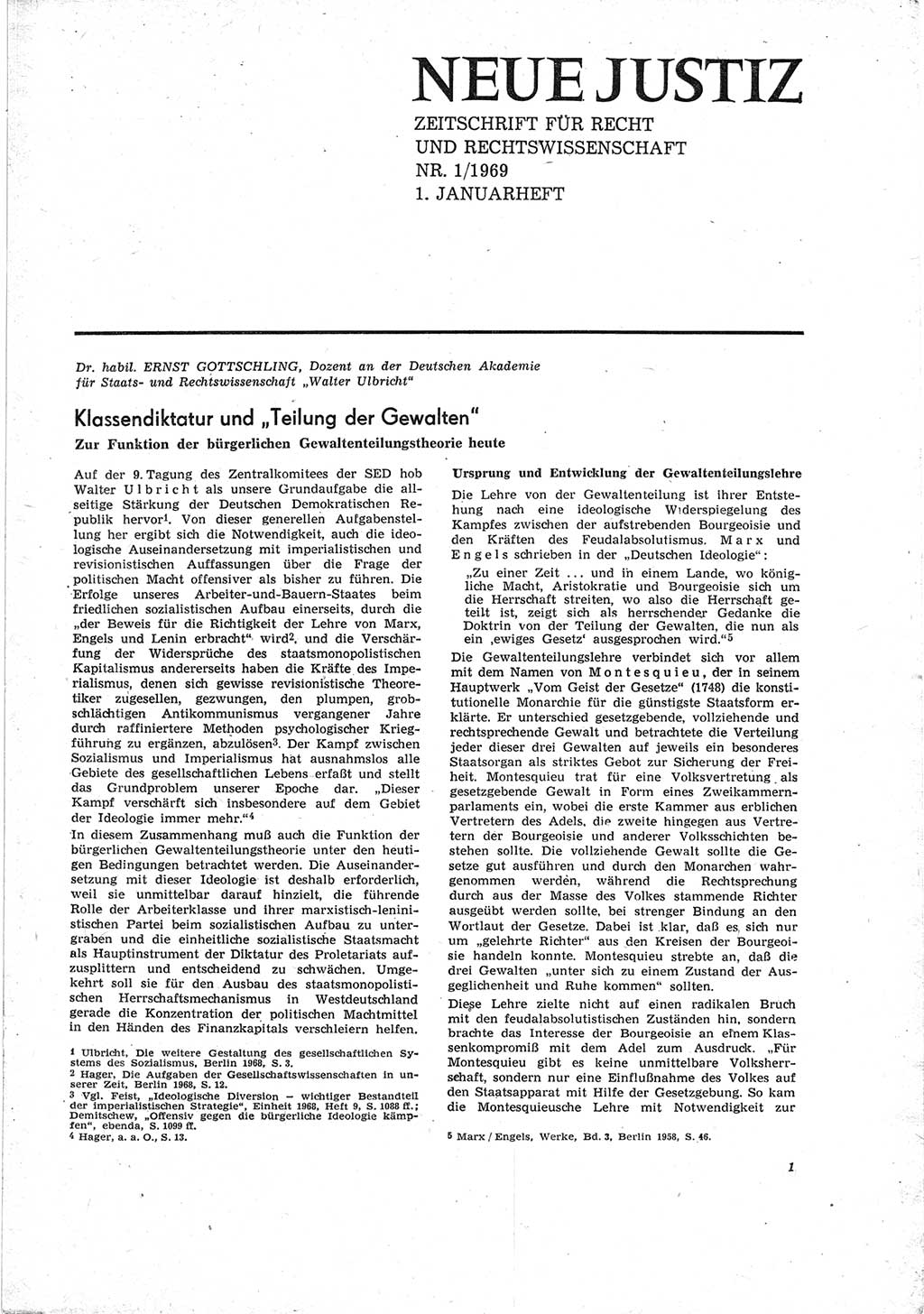 Neue Justiz (NJ), Zeitschrift für Recht und Rechtswissenschaft [Deutsche Demokratische Republik (DDR)], 23. Jahrgang 1969, Seite 1 (NJ DDR 1969, S. 1)