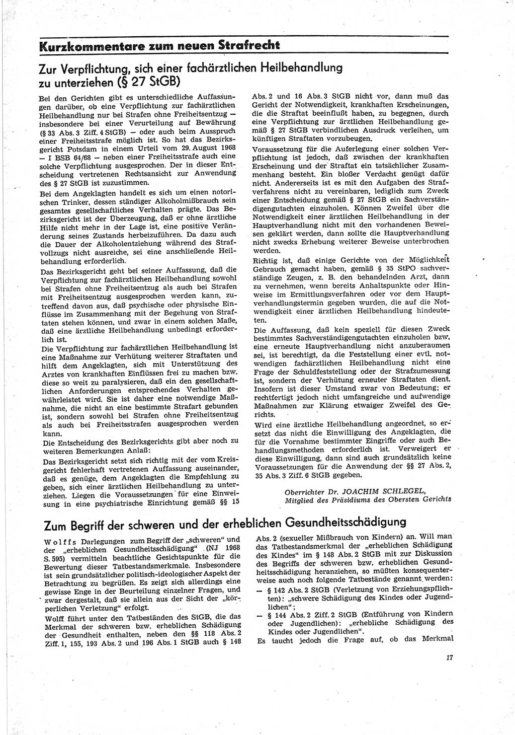Neue Justiz (NJ), Zeitschrift für Recht und Rechtswissenschaft [Deutsche Demokratische Republik (DDR)], 23. Jahrgang 1969, Seite 17 (NJ DDR 1969, S. 17)