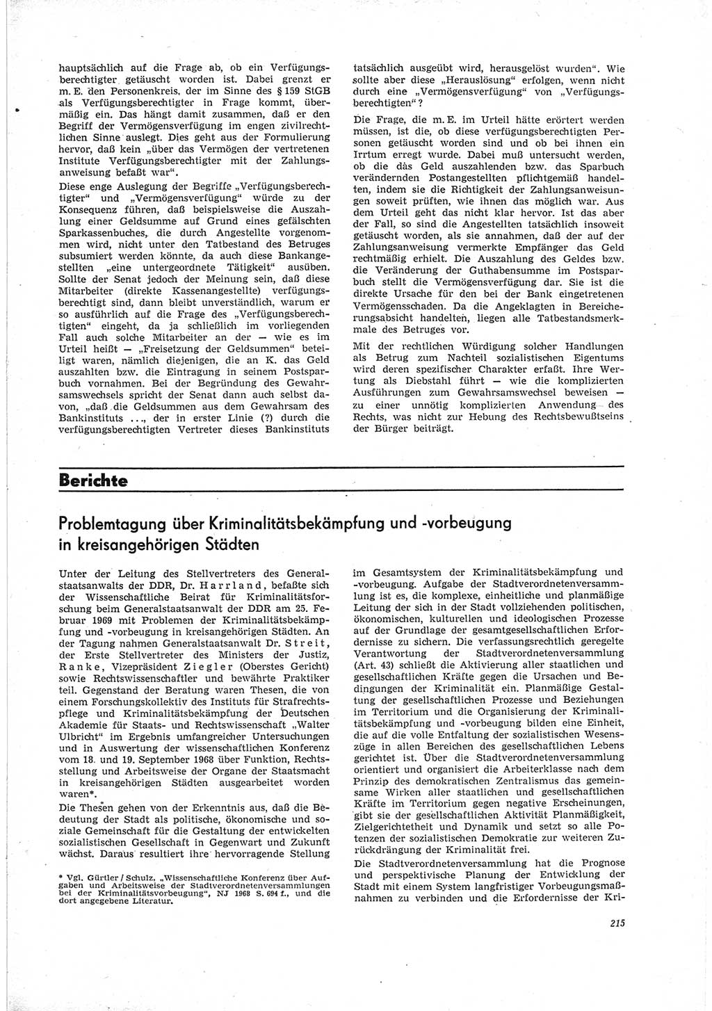 Neue Justiz (NJ), Zeitschrift für Recht und Rechtswissenschaft [Deutsche Demokratische Republik (DDR)], 23. Jahrgang 1969, Seite 215 (NJ DDR 1969, S. 215)