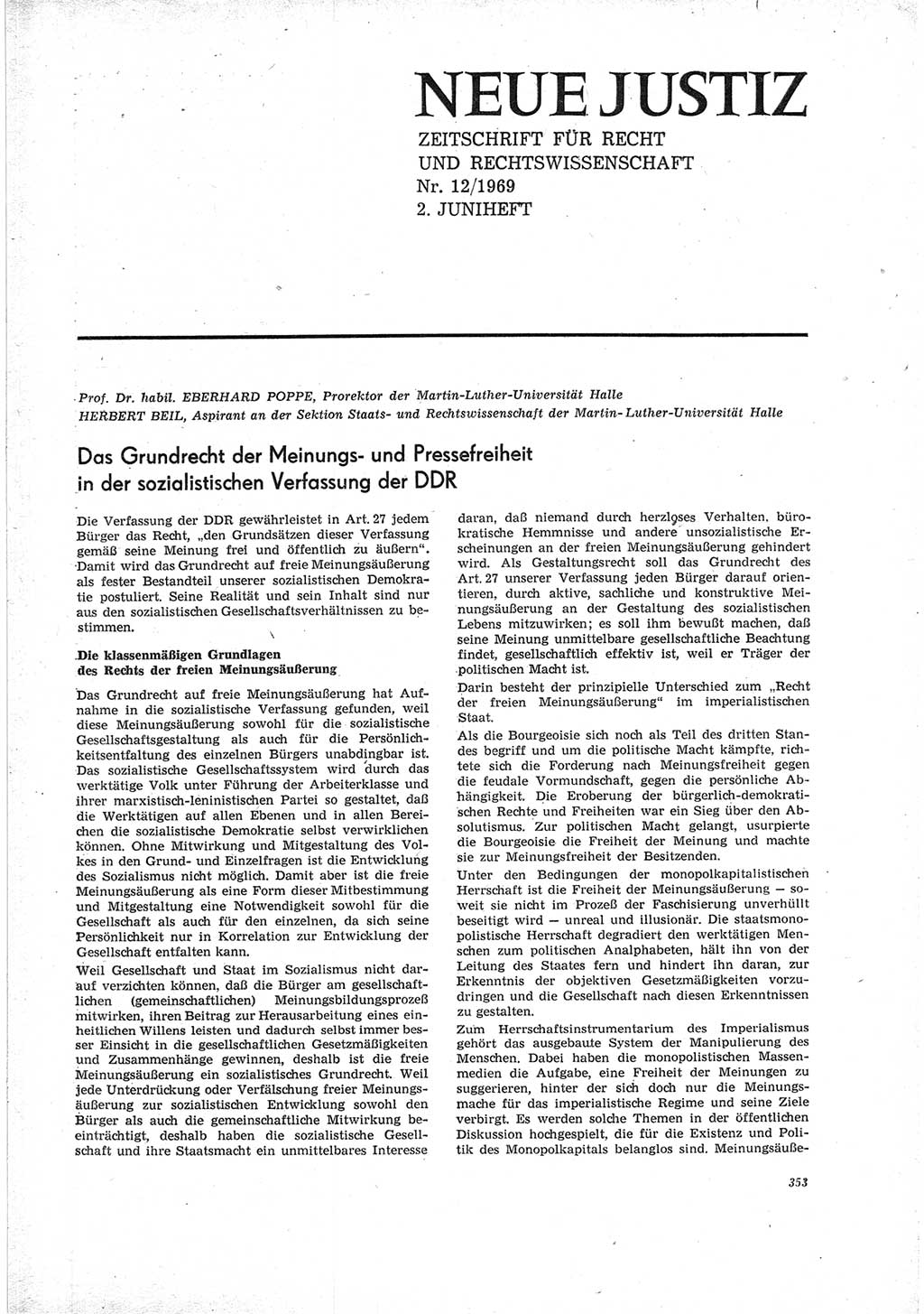 Neue Justiz (NJ), Zeitschrift für Recht und Rechtswissenschaft [Deutsche Demokratische Republik (DDR)], 23. Jahrgang 1969, Seite 353 (NJ DDR 1969, S. 353)