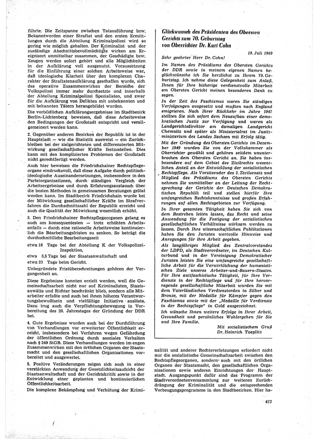 Neue Justiz (NJ), Zeitschrift für Recht und Rechtswissenschaft [Deutsche Demokratische Republik (DDR)], 23. Jahrgang 1969, Seite 423 (NJ DDR 1969, S. 423)