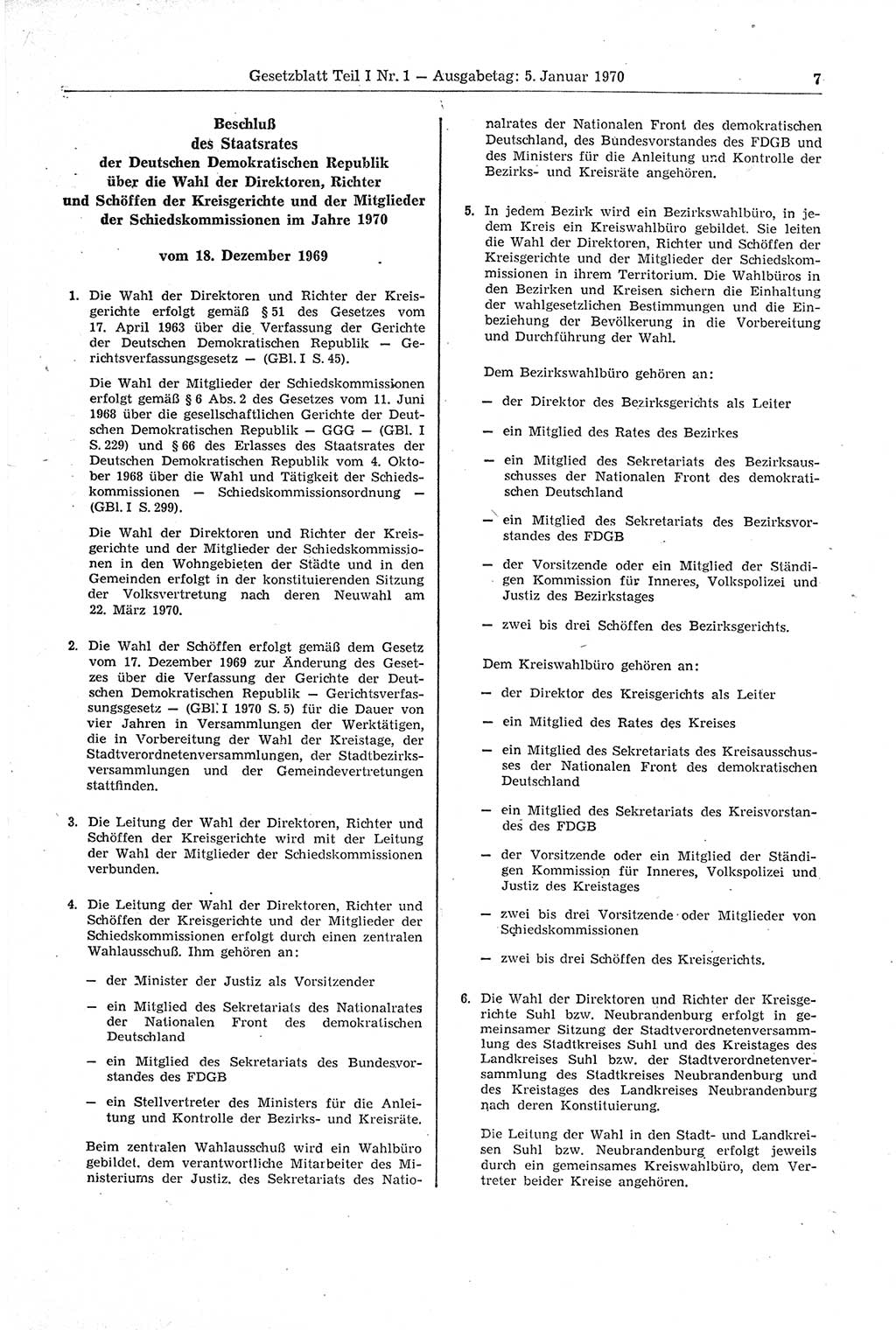 Gesetzblatt (GBl.) der Deutschen Demokratischen Republik (DDR) Teil Ⅰ 1970, Seite 7 (GBl. DDR Ⅰ 1970, S. 7)