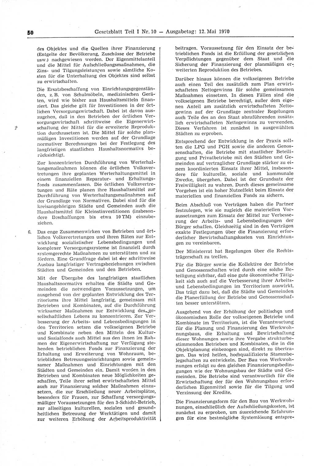 Gesetzblatt (GBl.) der Deutschen Demokratischen Republik (DDR) Teil Ⅰ 1970, Seite 50 (GBl. DDR Ⅰ 1970, S. 50)