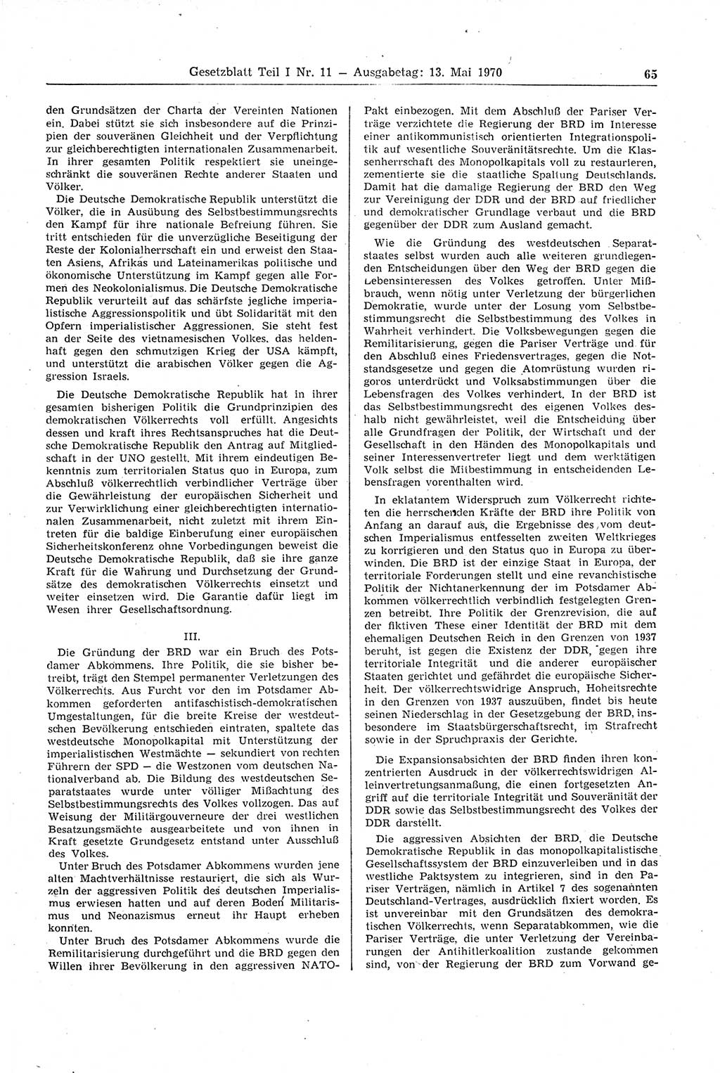 Gesetzblatt (GBl.) der Deutschen Demokratischen Republik (DDR) Teil Ⅰ 1970, Seite 65 (GBl. DDR Ⅰ 1970, S. 65)