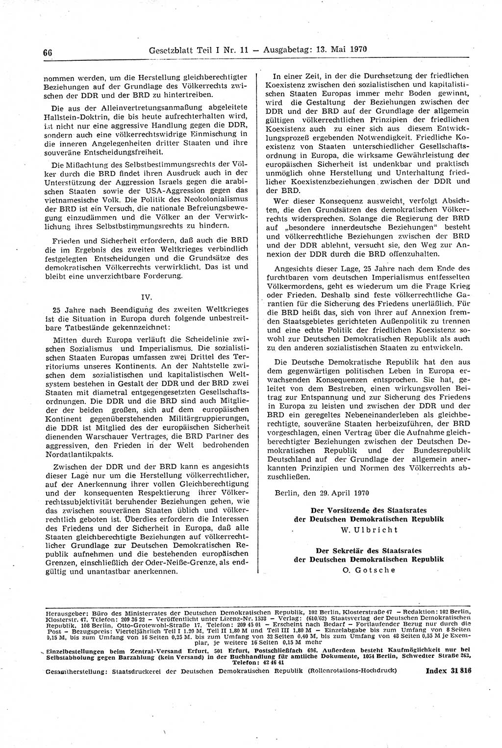 Gesetzblatt (GBl.) der Deutschen Demokratischen Republik (DDR) Teil Ⅰ 1970, Seite 66 (GBl. DDR Ⅰ 1970, S. 66)