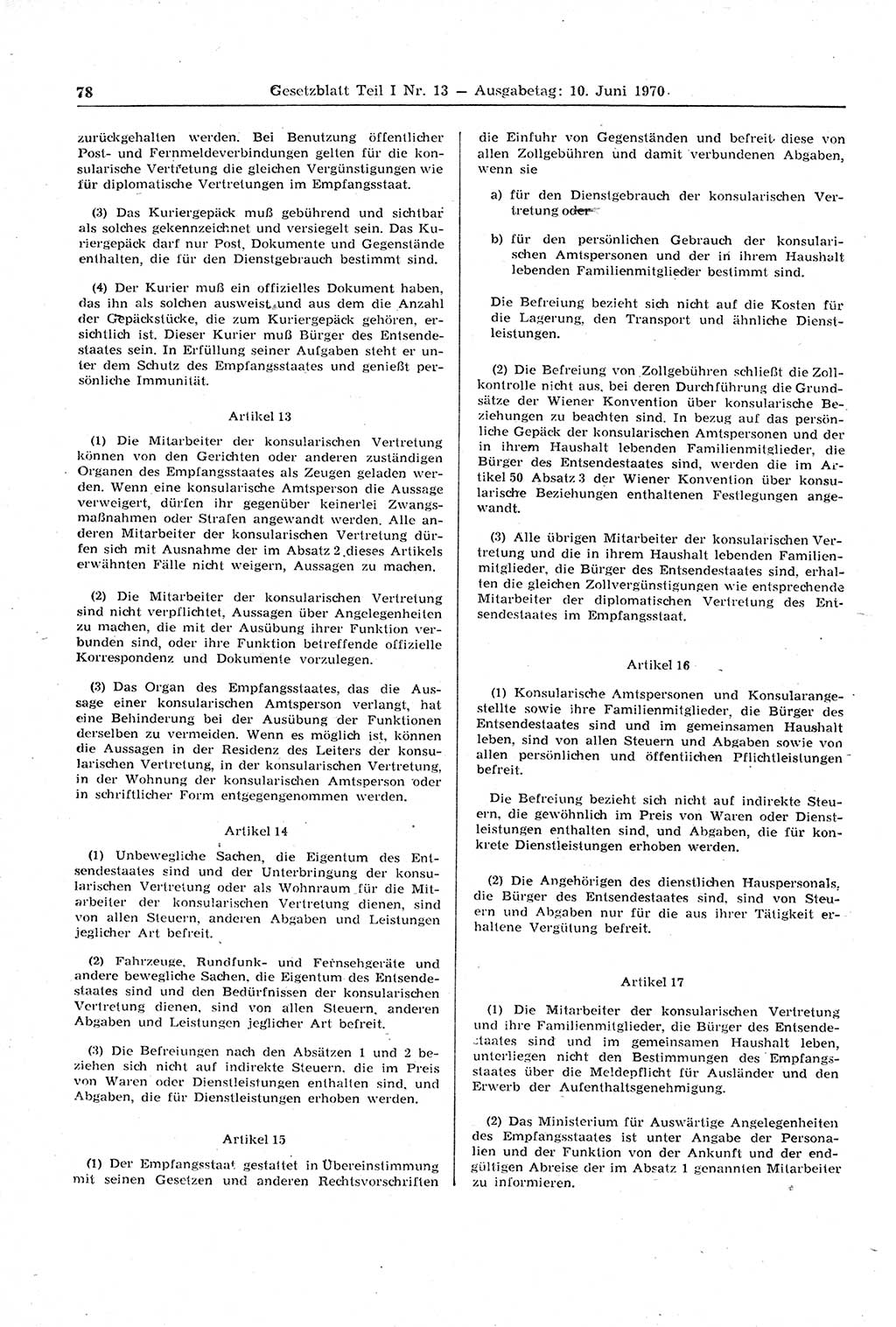 Gesetzblatt (GBl.) der Deutschen Demokratischen Republik (DDR) Teil Ⅰ 1970, Seite 78 (GBl. DDR Ⅰ 1970, S. 78)