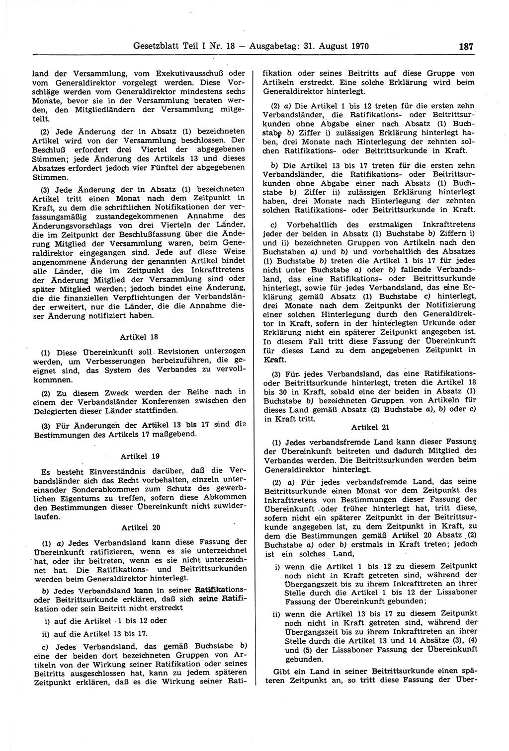 Gesetzblatt (GBl.) der Deutschen Demokratischen Republik (DDR) Teil Ⅰ 1970, Seite 187 (GBl. DDR Ⅰ 1970, S. 187)