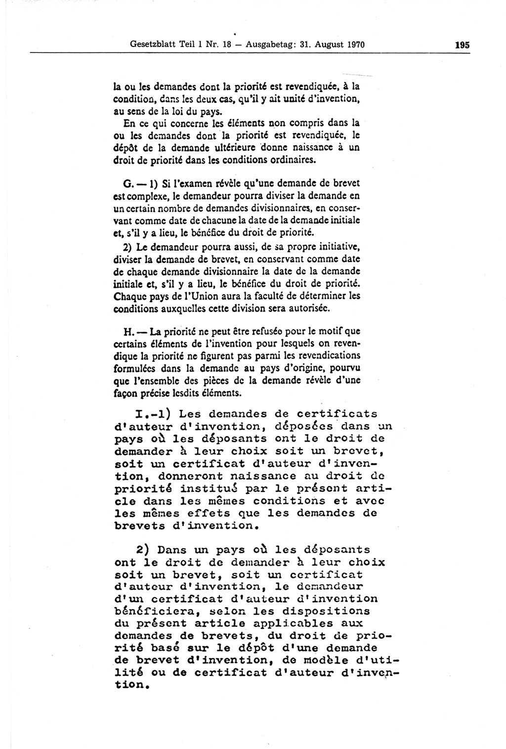 Gesetzblatt (GBl.) der Deutschen Demokratischen Republik (DDR) Teil Ⅰ 1970, Seite 195 (GBl. DDR Ⅰ 1970, S. 195)
