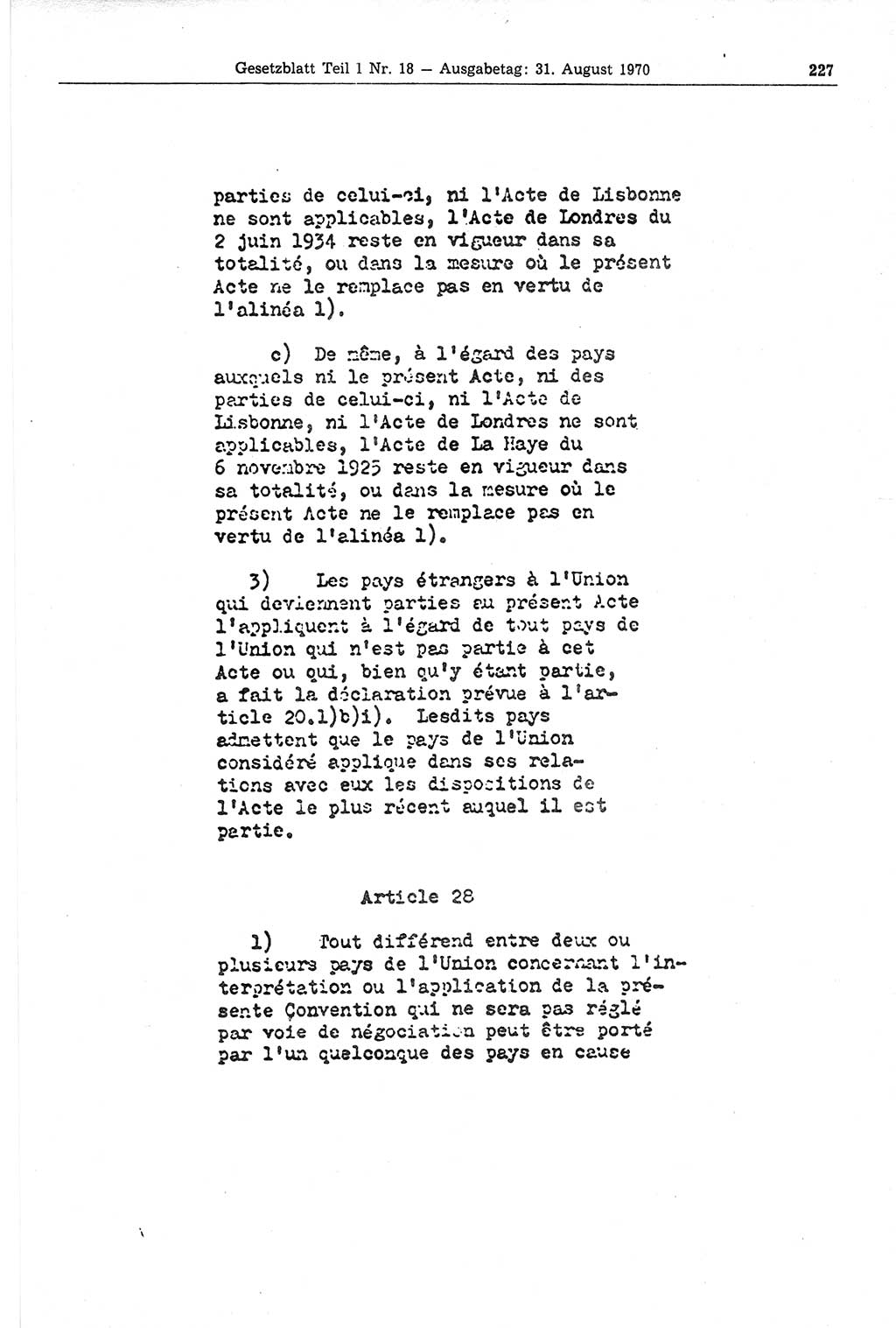 Gesetzblatt (GBl.) der Deutschen Demokratischen Republik (DDR) Teil Ⅰ 1970, Seite 227 (GBl. DDR Ⅰ 1970, S. 227)