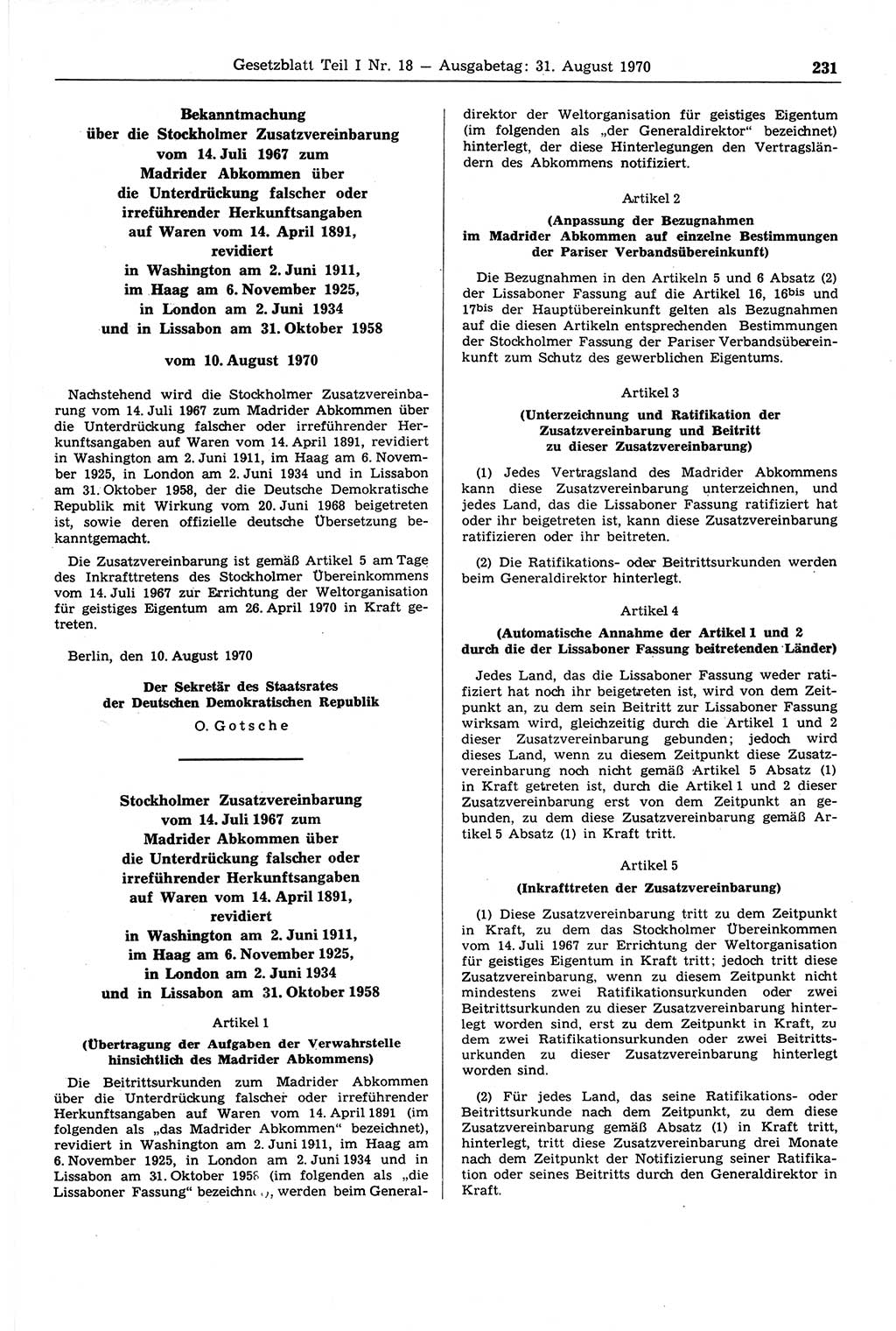 Gesetzblatt (GBl.) der Deutschen Demokratischen Republik (DDR) Teil Ⅰ 1970, Seite 231 (GBl. DDR Ⅰ 1970, S. 231)