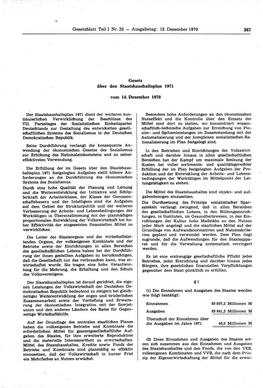 Gesetzblatt (GBl.) der Deutschen Demokratischen Republik (DDR) Teil Ⅰ 1970, Seite 367 (GBl. DDR Ⅰ 1970, S. 367)