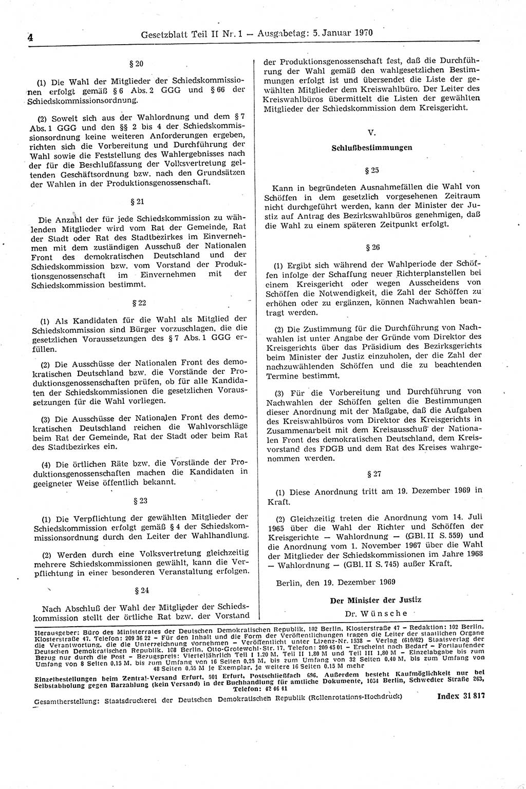 Gesetzblatt (GBl.) der Deutschen Demokratischen Republik (DDR) Teil ⅠⅠ 1970, Seite 4 (GBl. DDR ⅠⅠ 1970, S. 4)