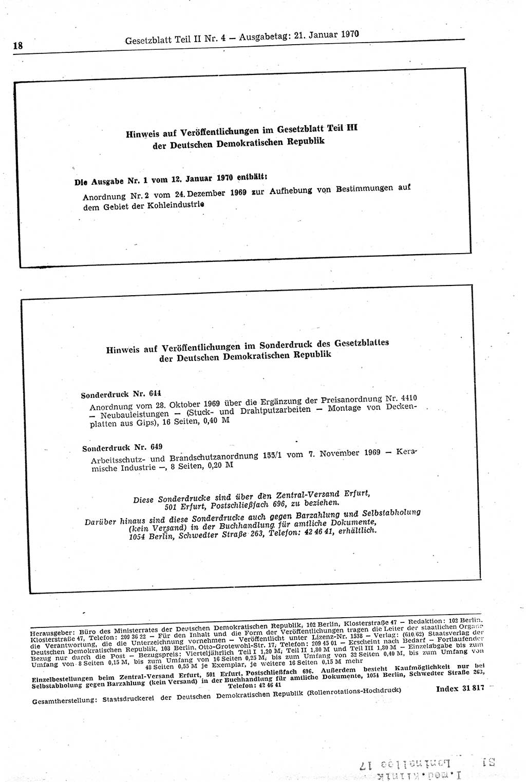 Gesetzblatt (GBl.) der Deutschen Demokratischen Republik (DDR) Teil ⅠⅠ 1970, Seite 18 (GBl. DDR ⅠⅠ 1970, S. 18)