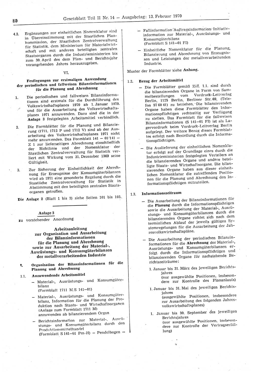 Gesetzblatt (GBl.) der Deutschen Demokratischen Republik (DDR) Teil ⅠⅠ 1970, Seite 80 (GBl. DDR ⅠⅠ 1970, S. 80)