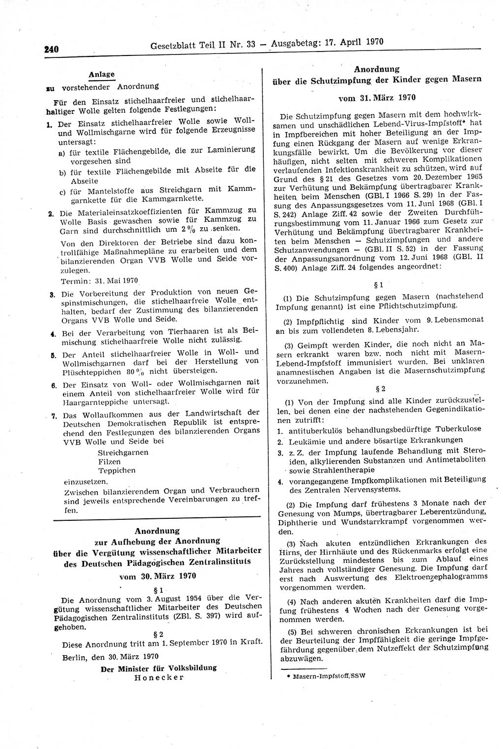 Gesetzblatt (GBl.) der Deutschen Demokratischen Republik (DDR) Teil ⅠⅠ 1970, Seite 240 (GBl. DDR ⅠⅠ 1970, S. 240)