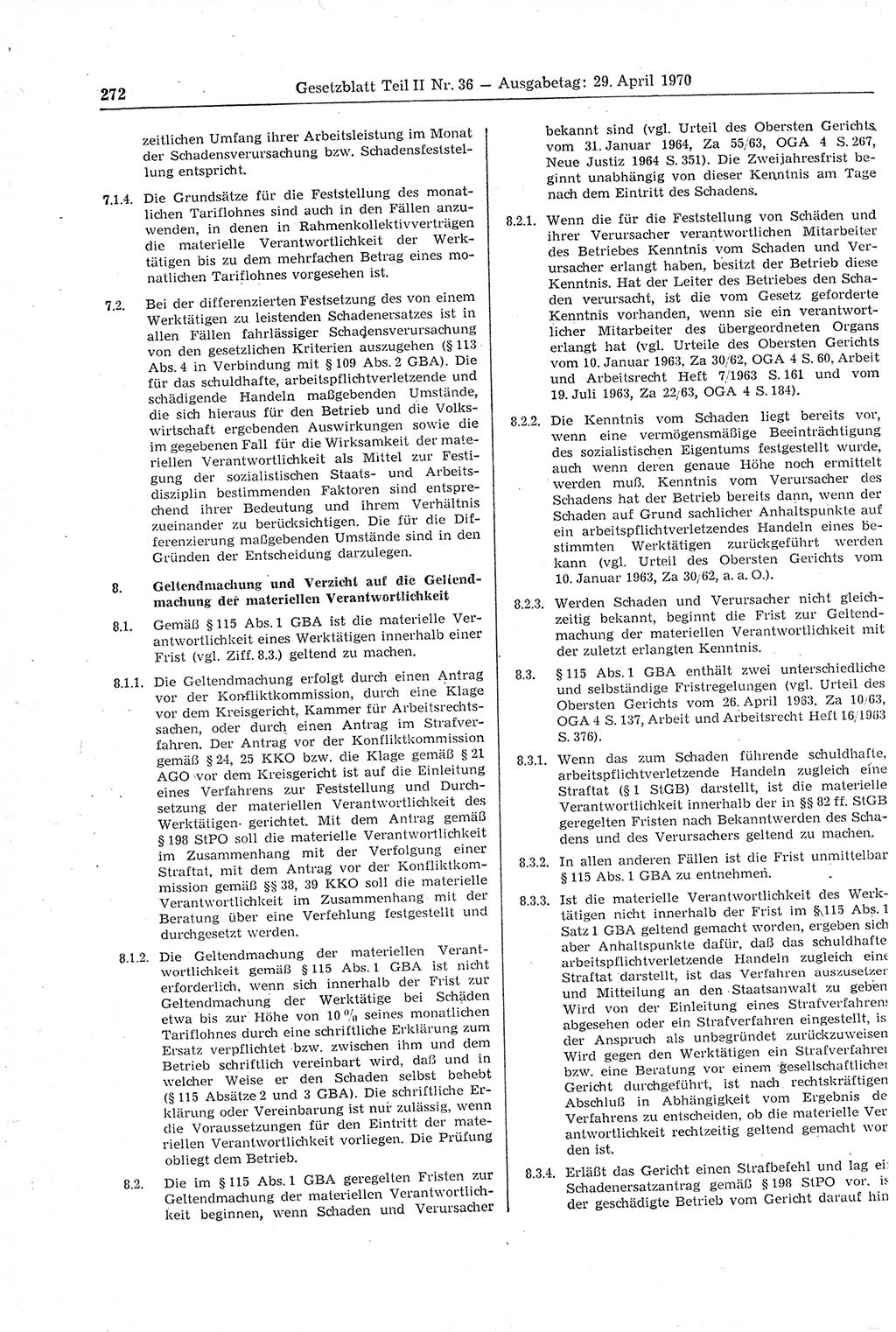 Gesetzblatt (GBl.) der Deutschen Demokratischen Republik (DDR) Teil ⅠⅠ 1970, Seite 272 (GBl. DDR ⅠⅠ 1970, S. 272)